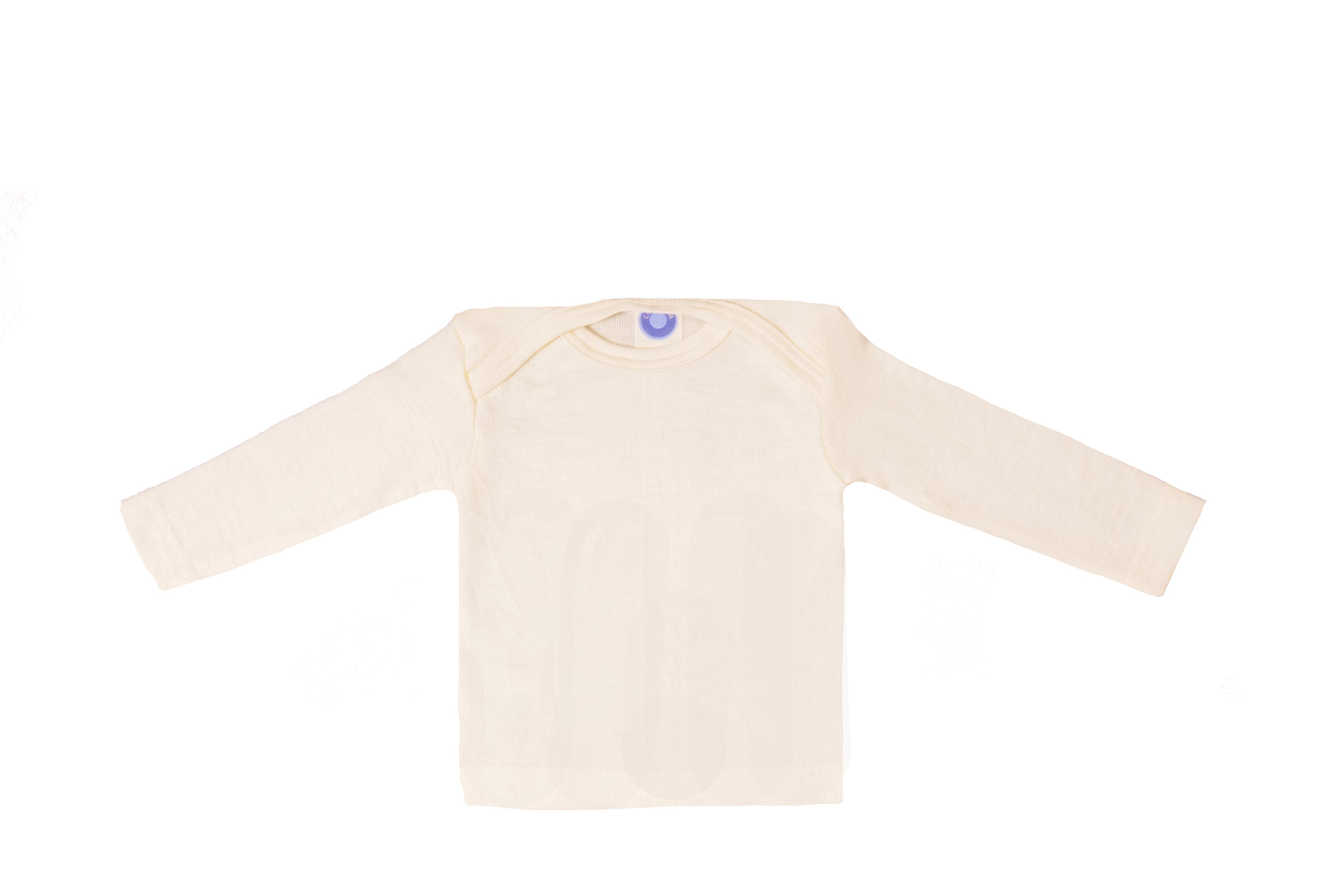 Cosilana baby long-sleeve envelope-neck vest in organic wool and silk in Natural on a white background