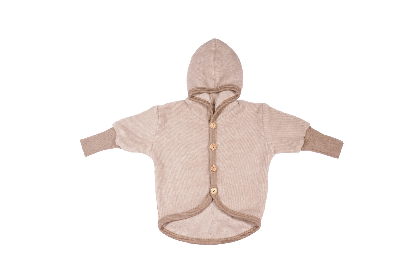 Cosilana baby hooded jacket in organic wool fleece and organic cotton in Latte macchiato on a white background