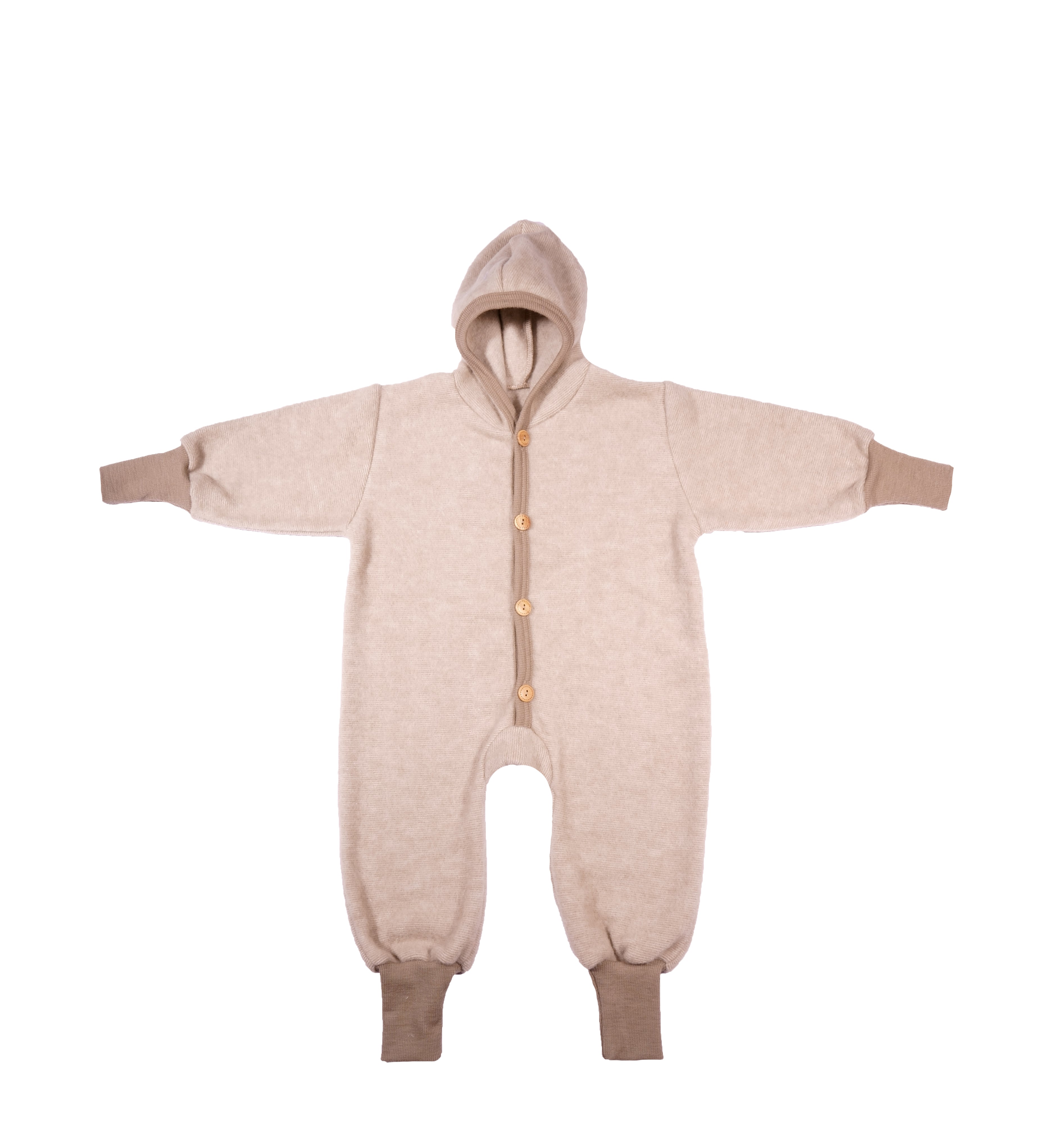 Cosilana baby hooded overall with wooden buttons in organic wool fleece and organic cotton in Latte-macchiato-melange on a white background
