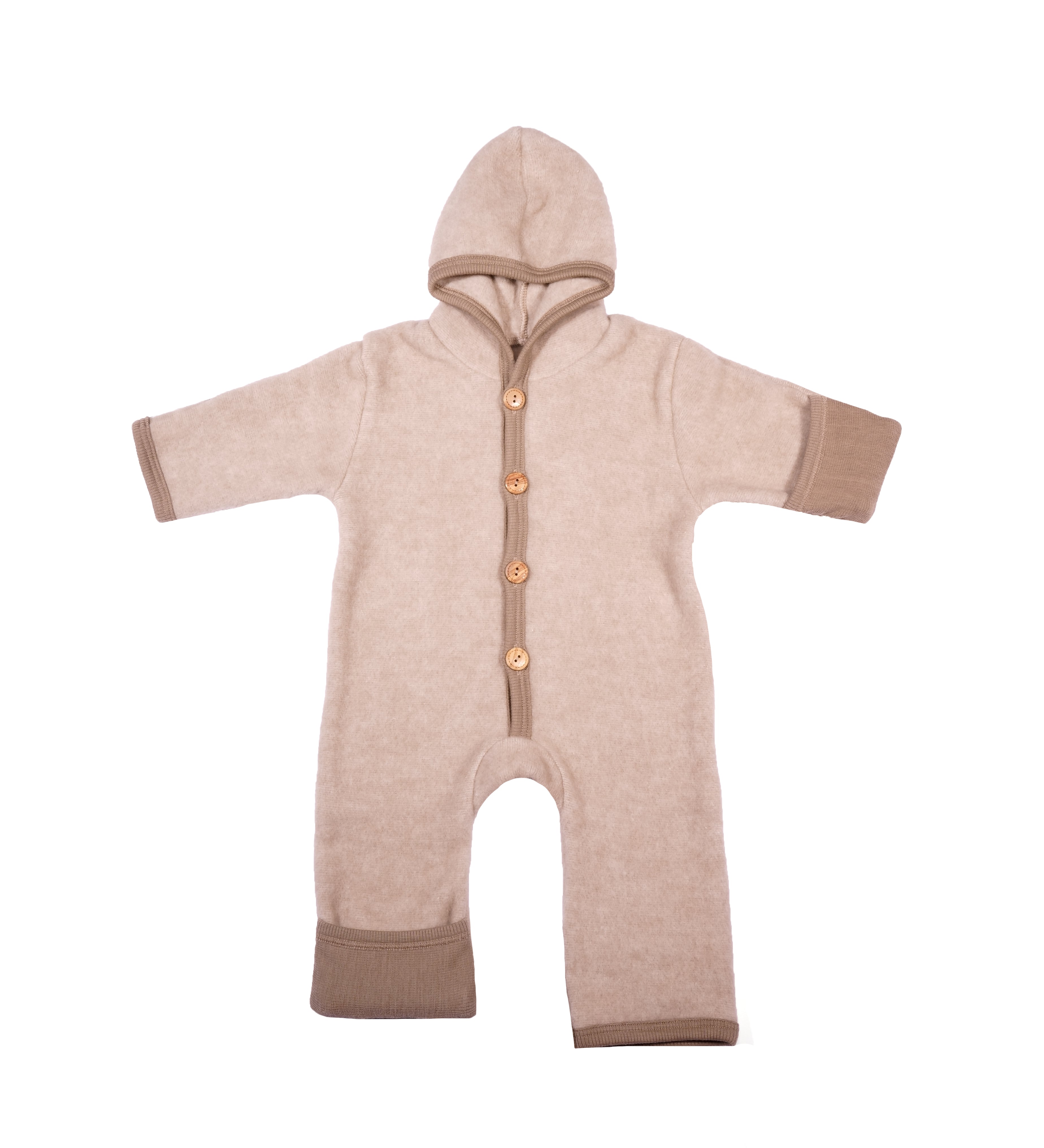 Cosilana baby hooded overall with wool buttons in organic wool fleece and organic cotton in Latte macchiato on a white background