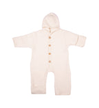 Cosilana baby hooded overall with wool buttons in organic wool fleece and organic cotton in Natural on a white background
