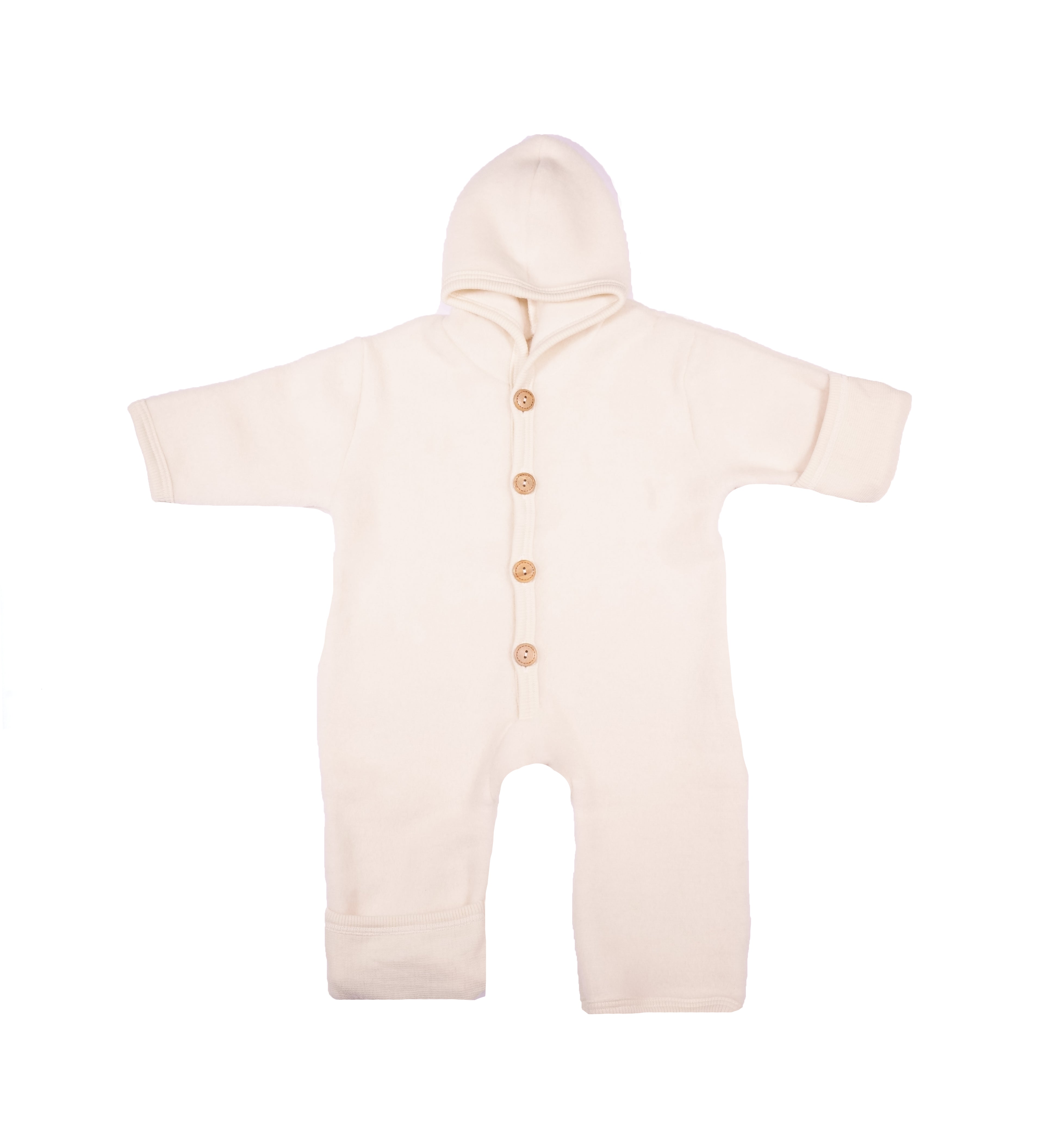 Cosilana baby hooded overall with wool buttons in organic wool fleece and organic cotton in Natural on a white background