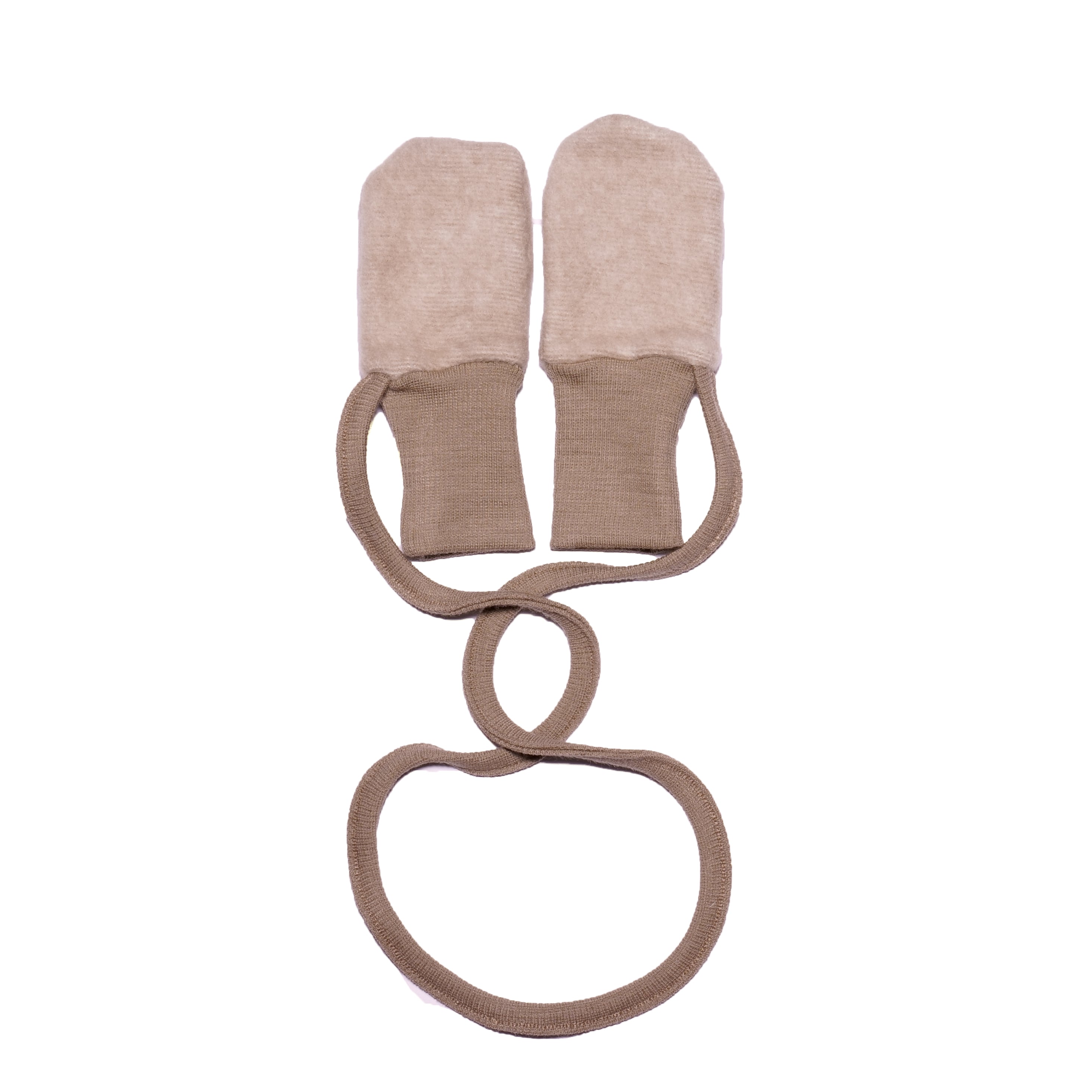 Cosilana baby mittens in organic wool fleece and organic cotton in Latte macchiato on a white background