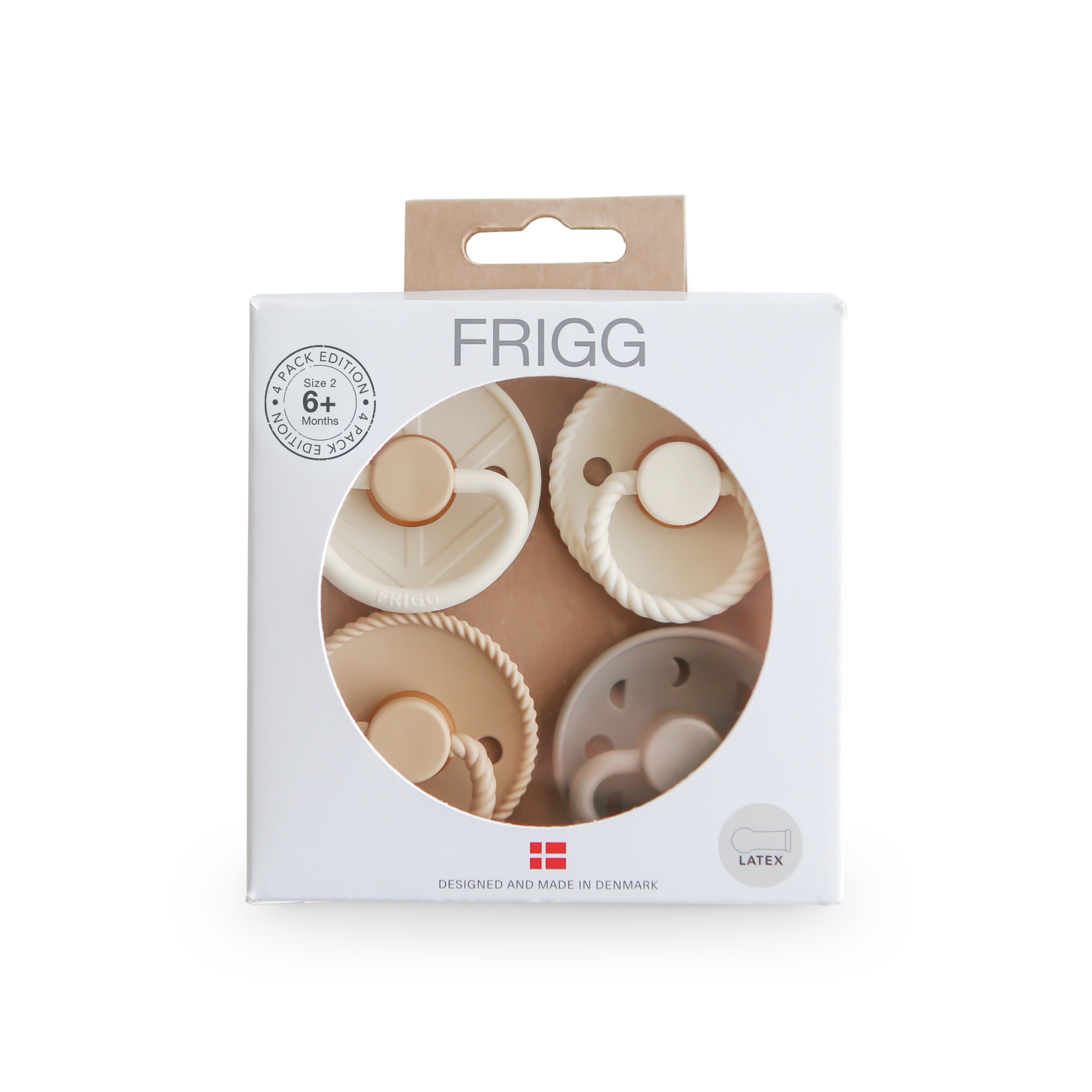 Frigg 4-pack pacifiers T2 in latex in Crystal Sparkle in original packaging on a white background