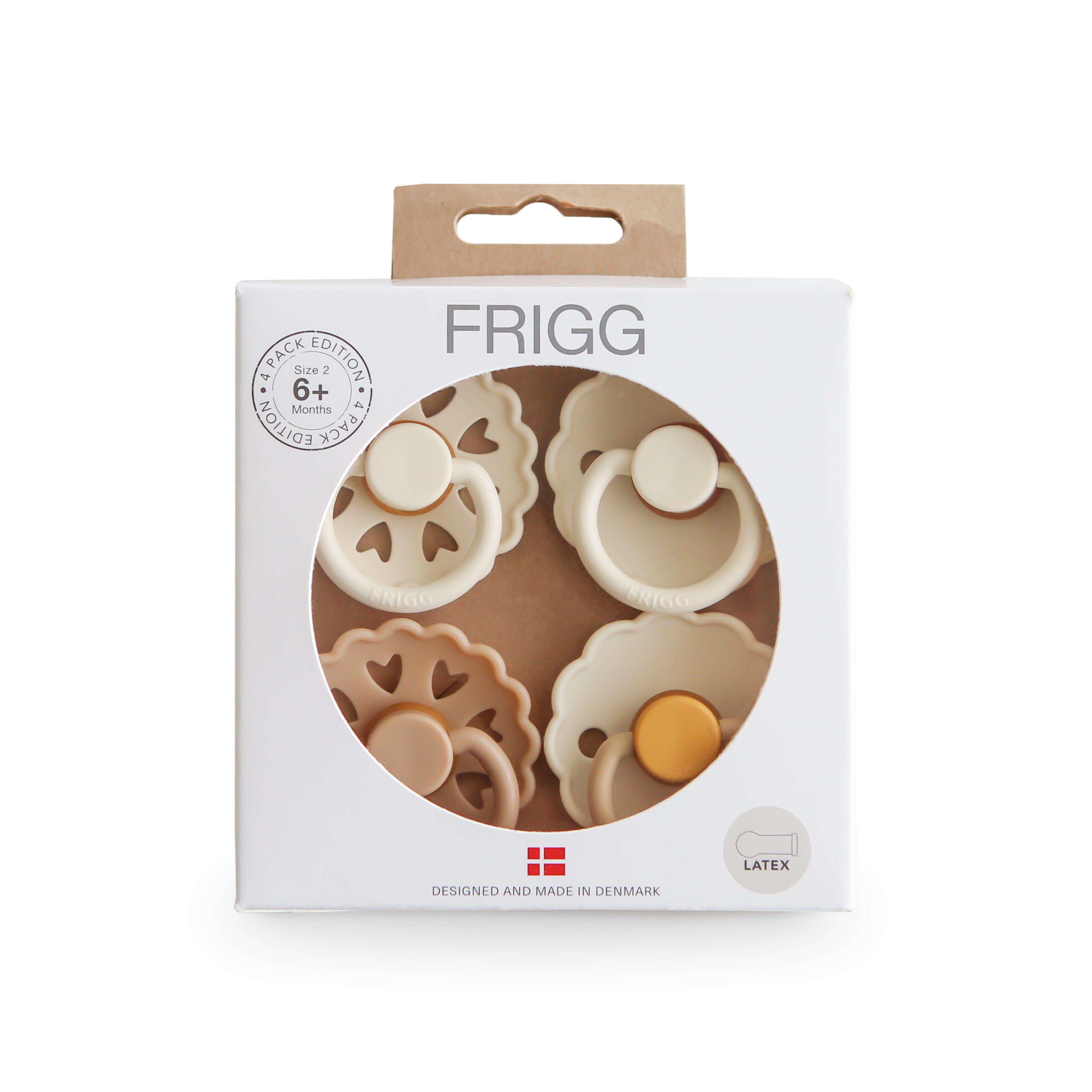 Frigg 4-pack pacifiers T2 in latex in Snowflake dream in original packaging on a white background
