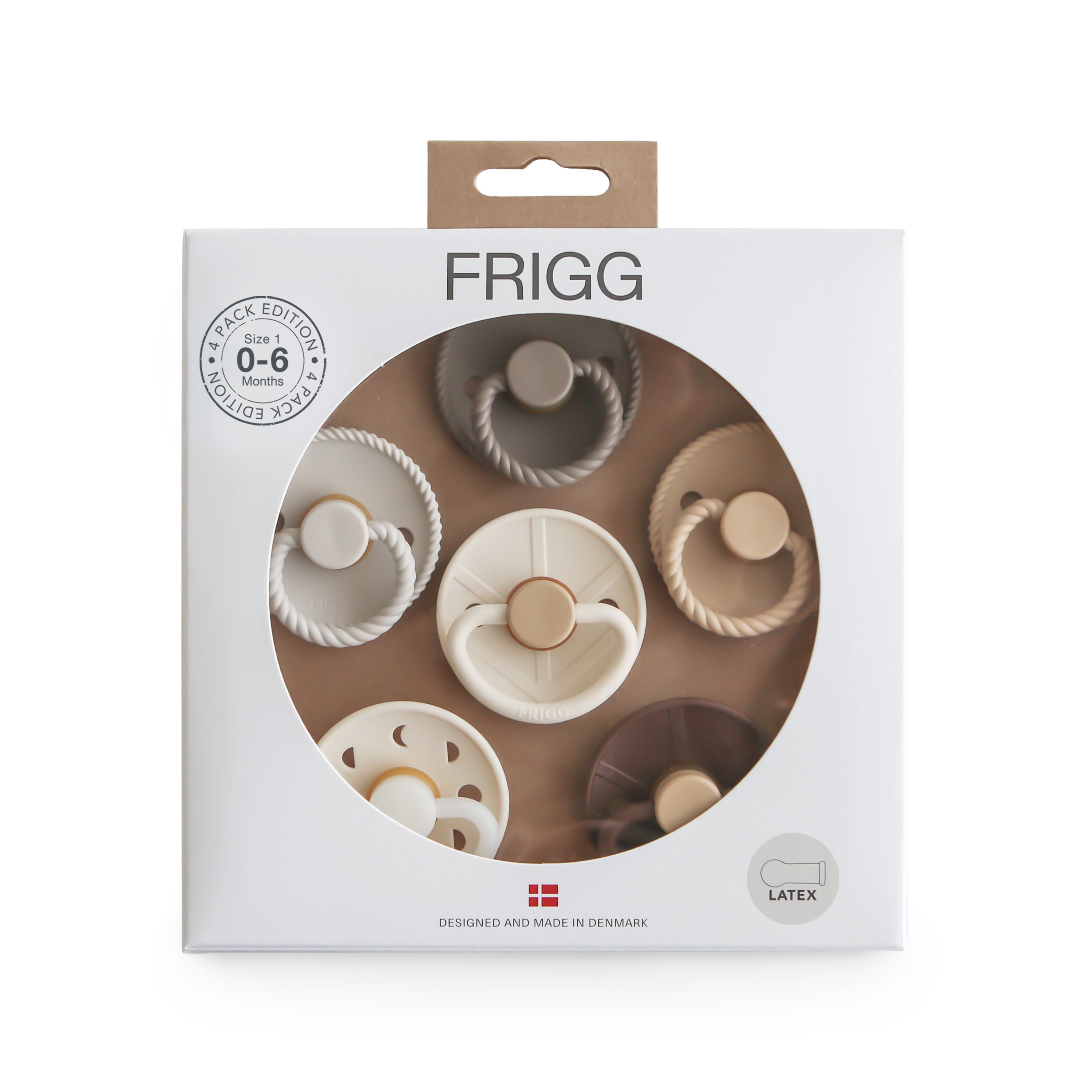 Frigg 6-pack pacifiers T1 in latex in Earthy wonder in original packaging on a white background