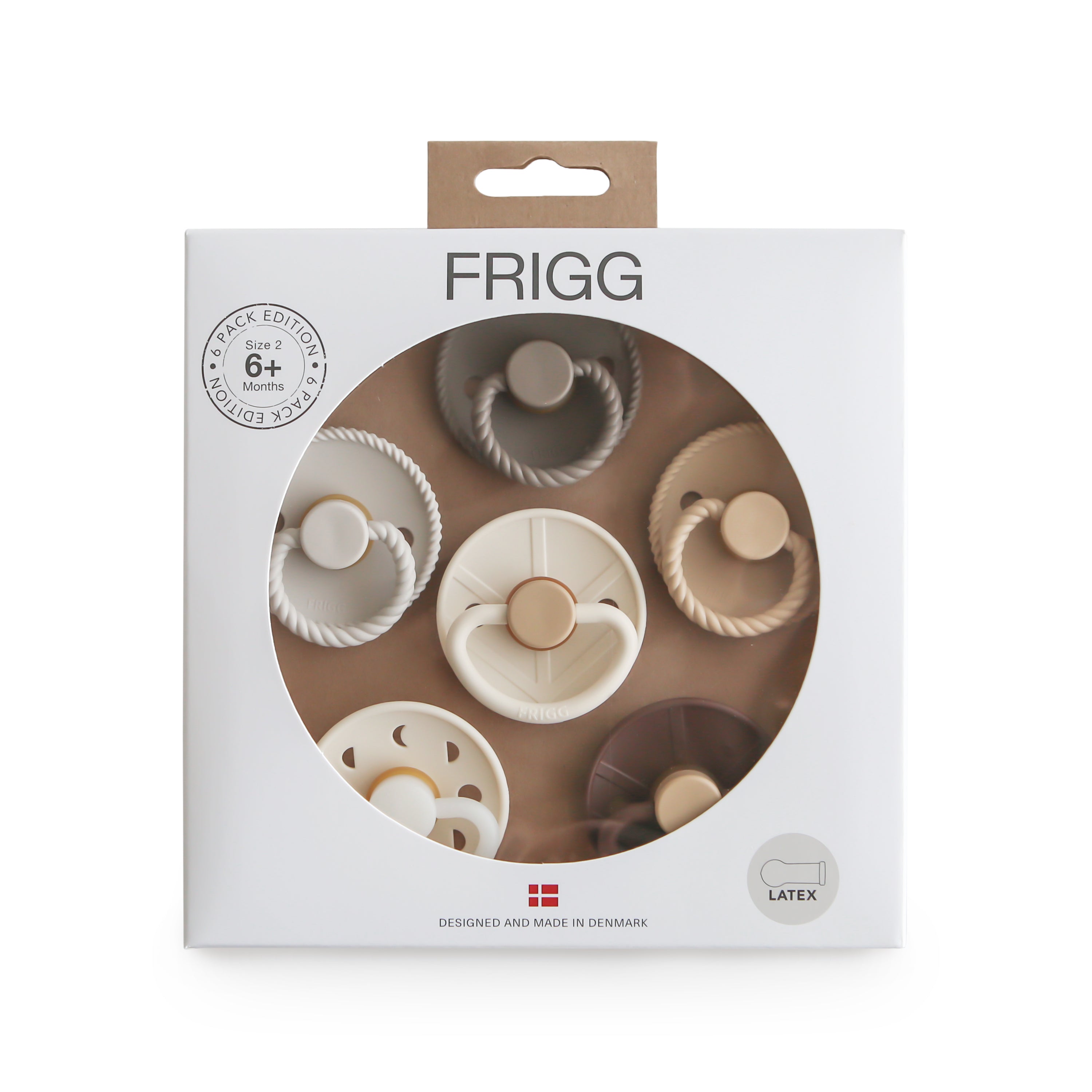 Frigg 6-pack pacifiers T2 in latex in Earthy wonder in original packaging on a white background