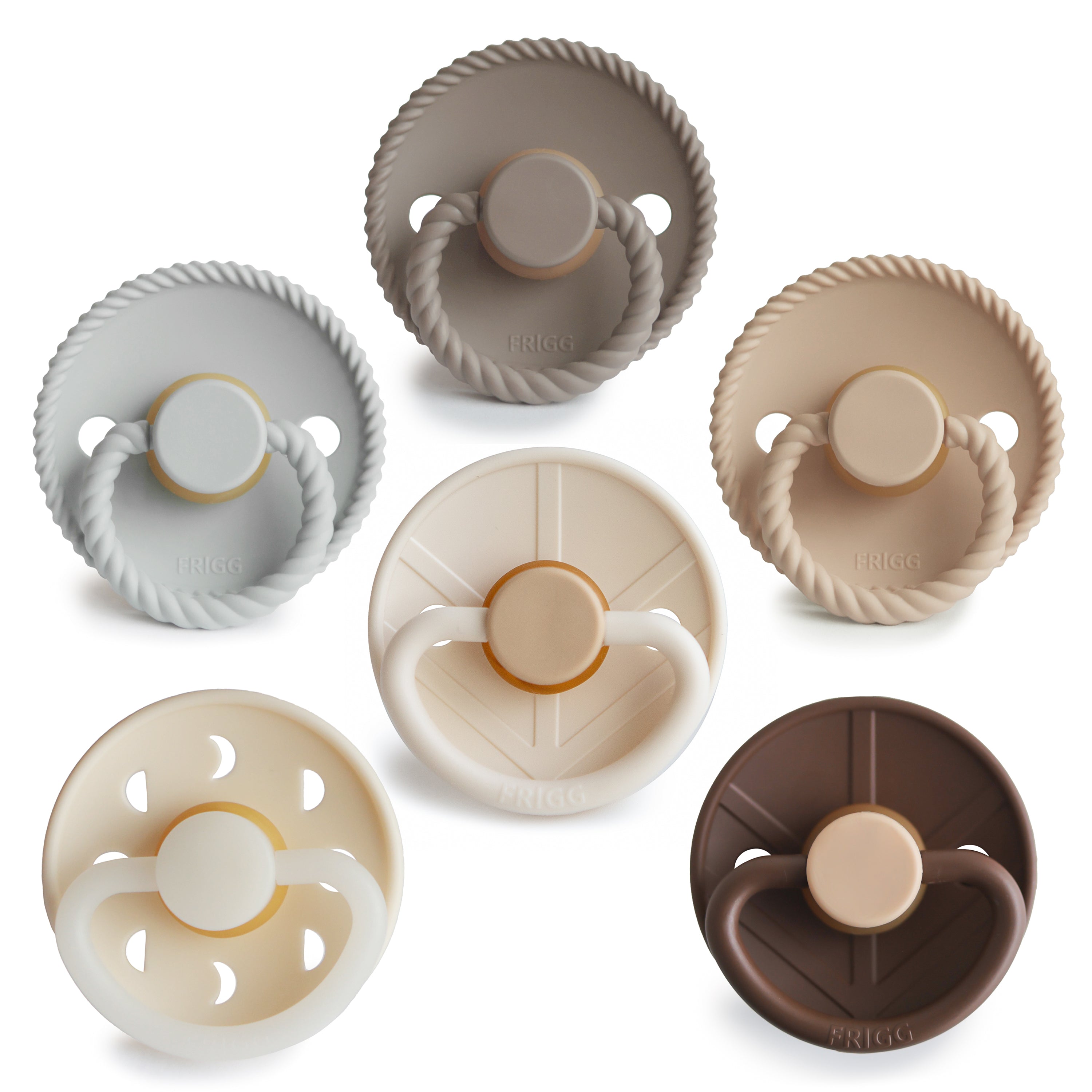 Frigg 6-pack pacifiers in latex in Earthy wonder on a white background