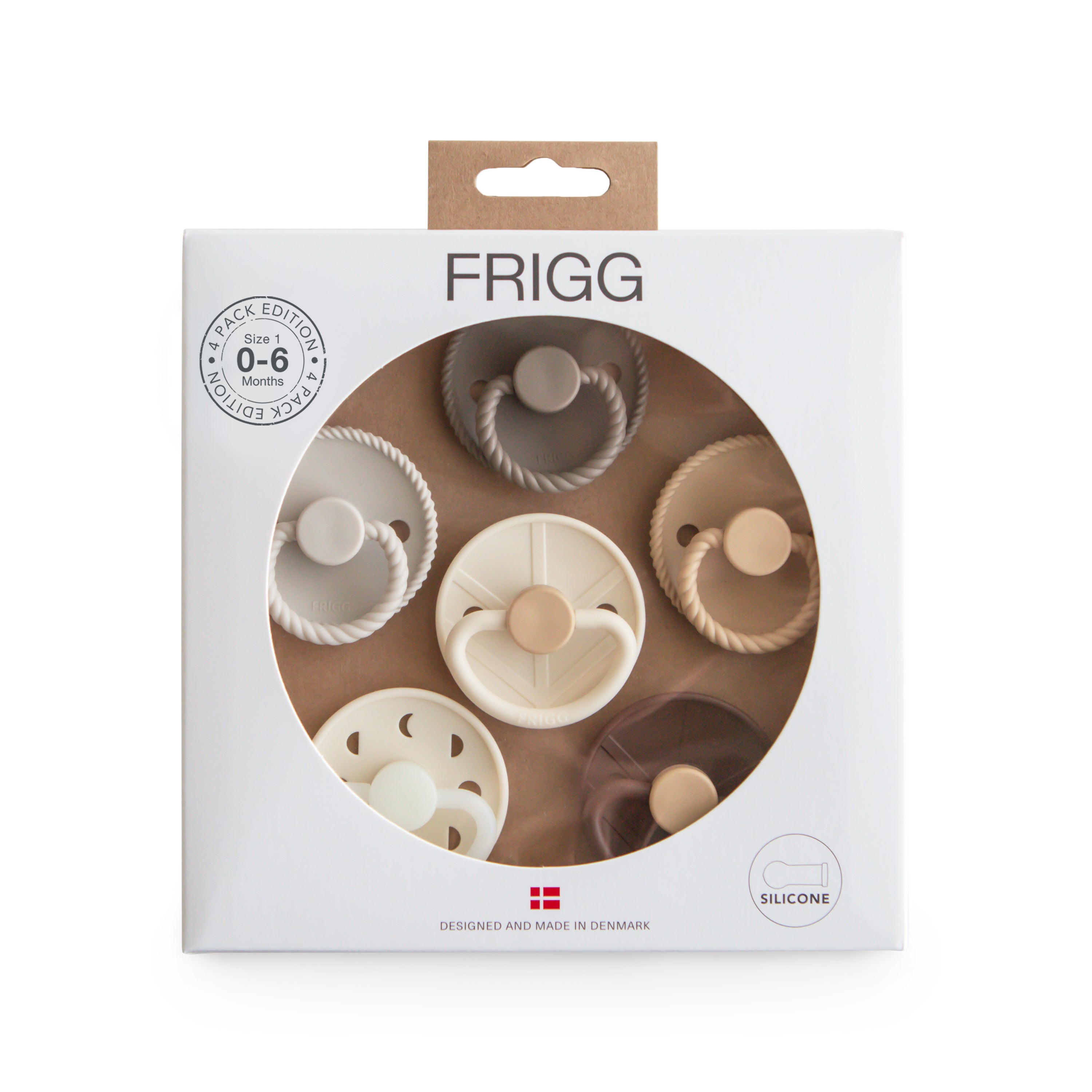 Frigg 6-pack pacifiers T1 in silicone in Earthy wonder in original packaging on a white background
