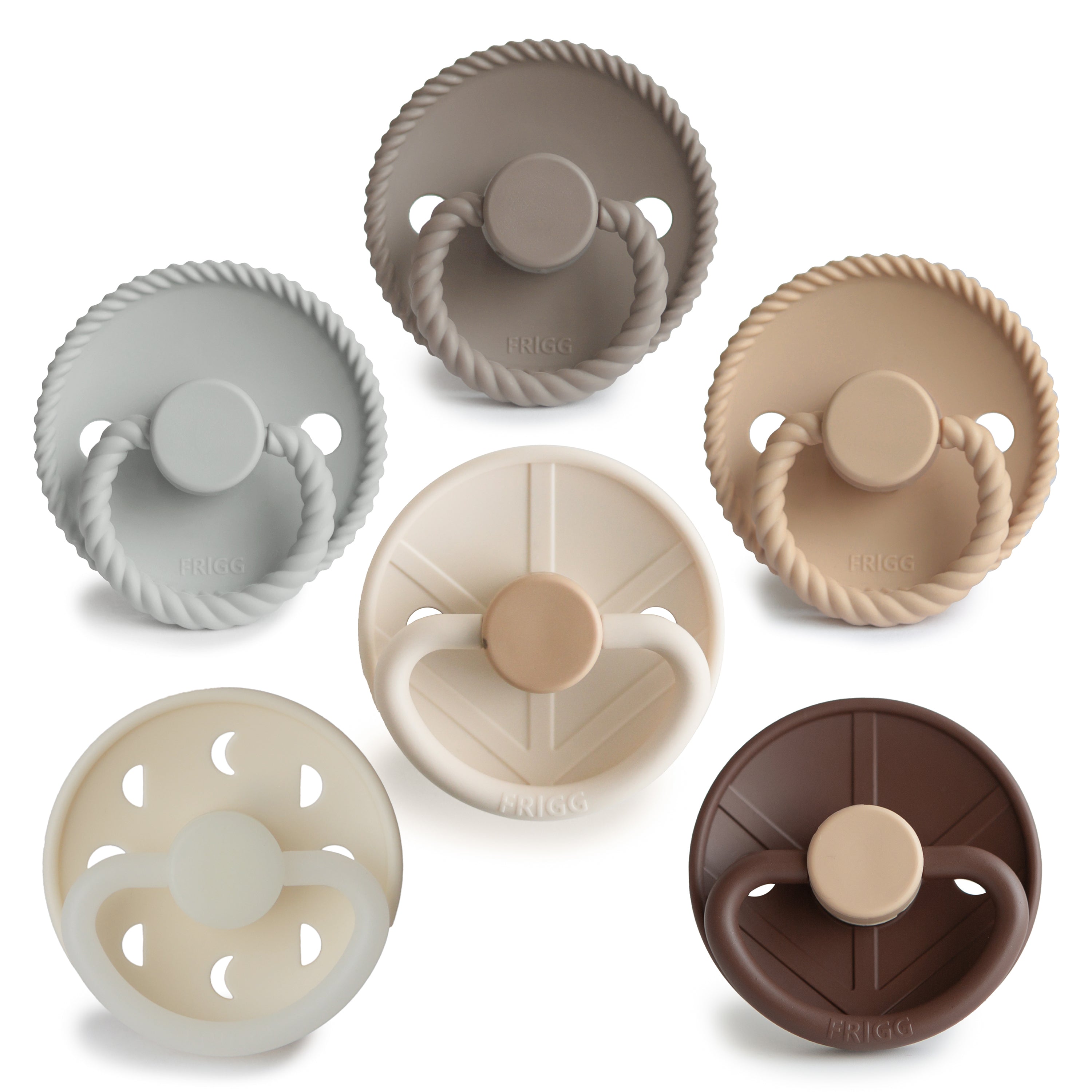 Frigg 6-pack pacifiers in silicone in Earthy wonder on a white background
