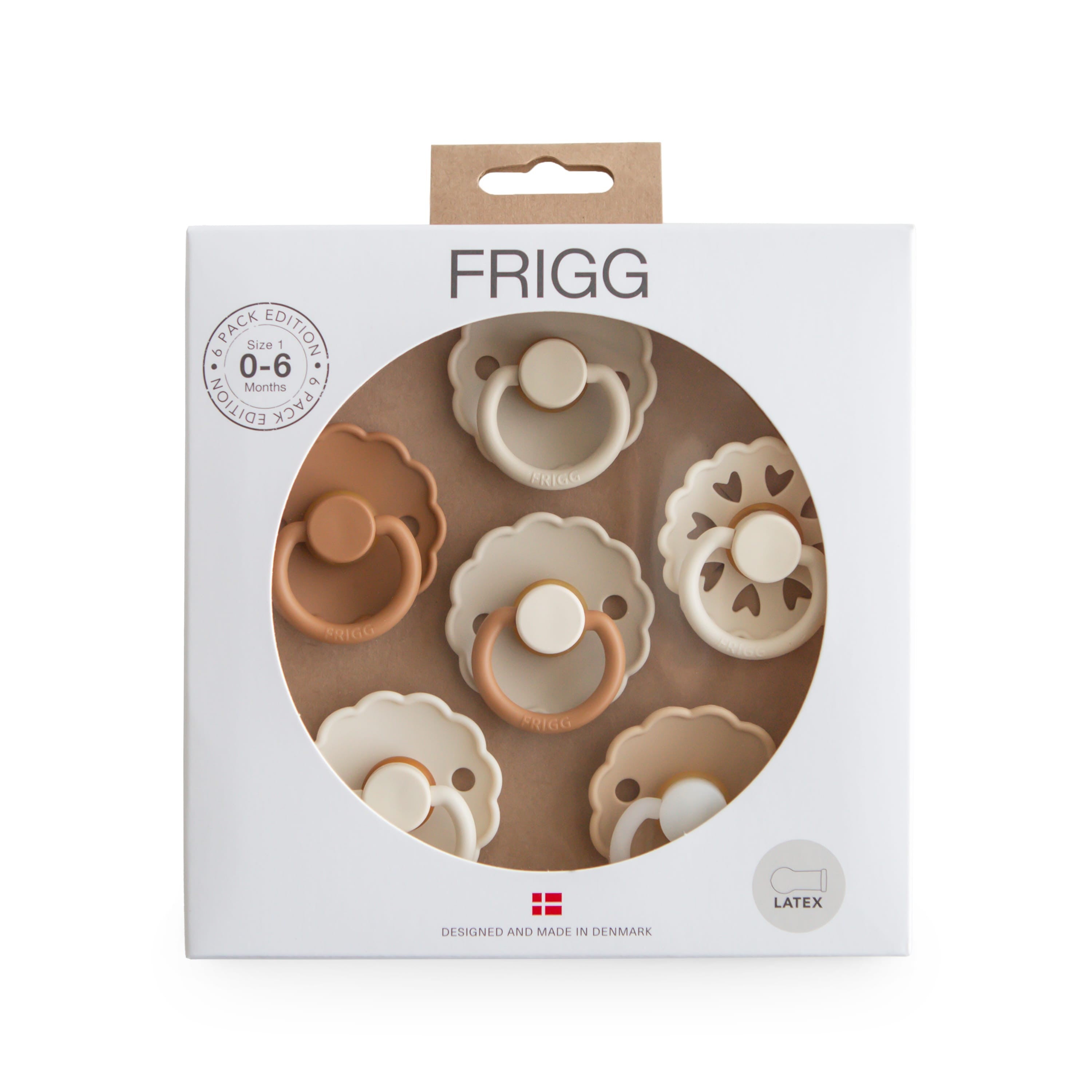 Frigg 6-pack pacifiers T1 in latex in Cinnamon charm in original packaging on a white background