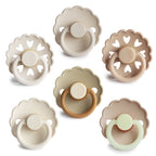 Frigg 6-pack pacifiers in latex in Cinnamon charm on a white background