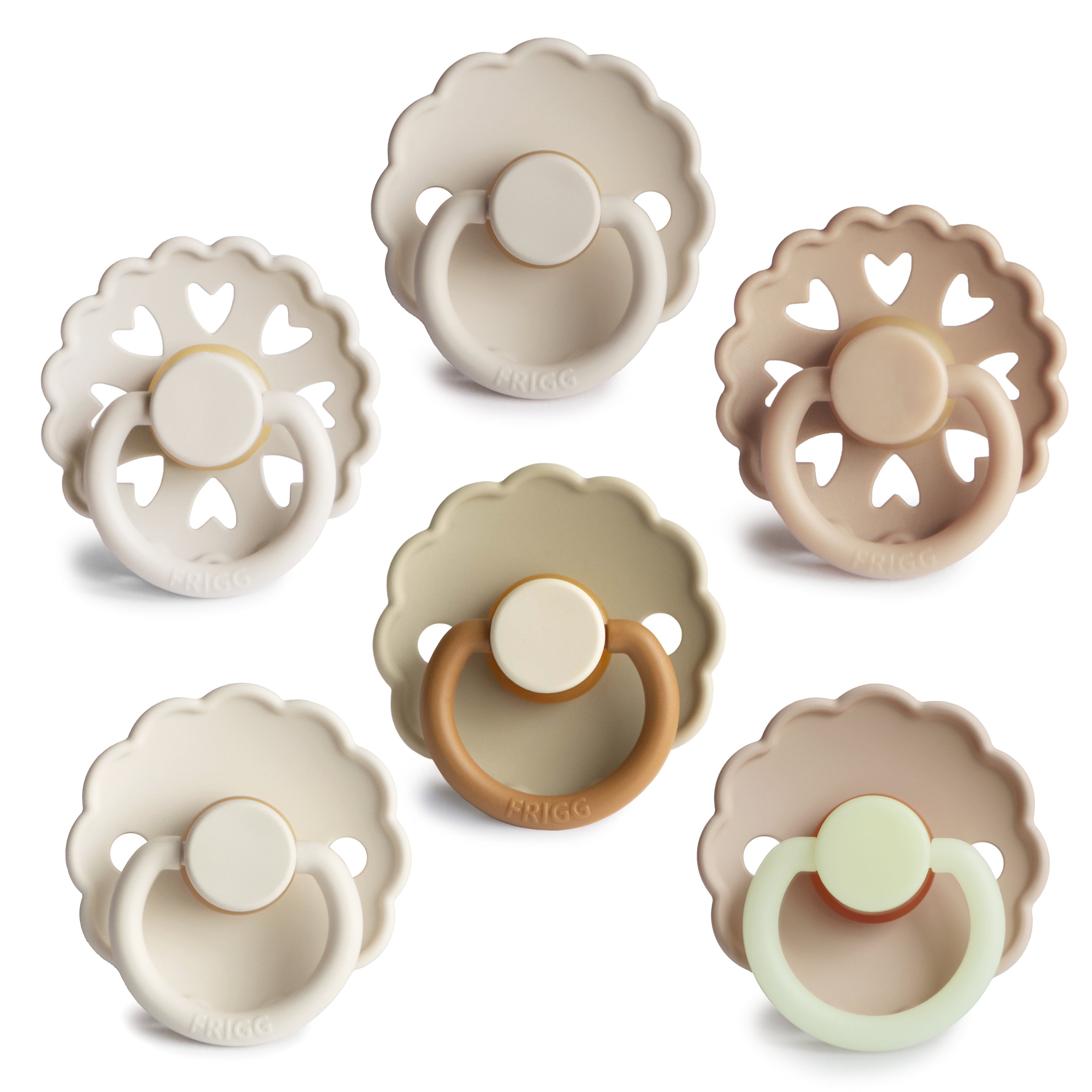 Frigg 6-pack pacifiers in latex in Cinnamon charm on a white background