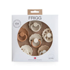 Frigg 6-pack pacifiers T1 in silicone in Cinnamon charm in original packaging on a white background