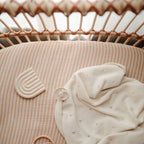 Pacifier from the Frigg 6-pack pacifiers in silicone in Cinnamon charm styled on a baby blanket on a striped crib sheet
