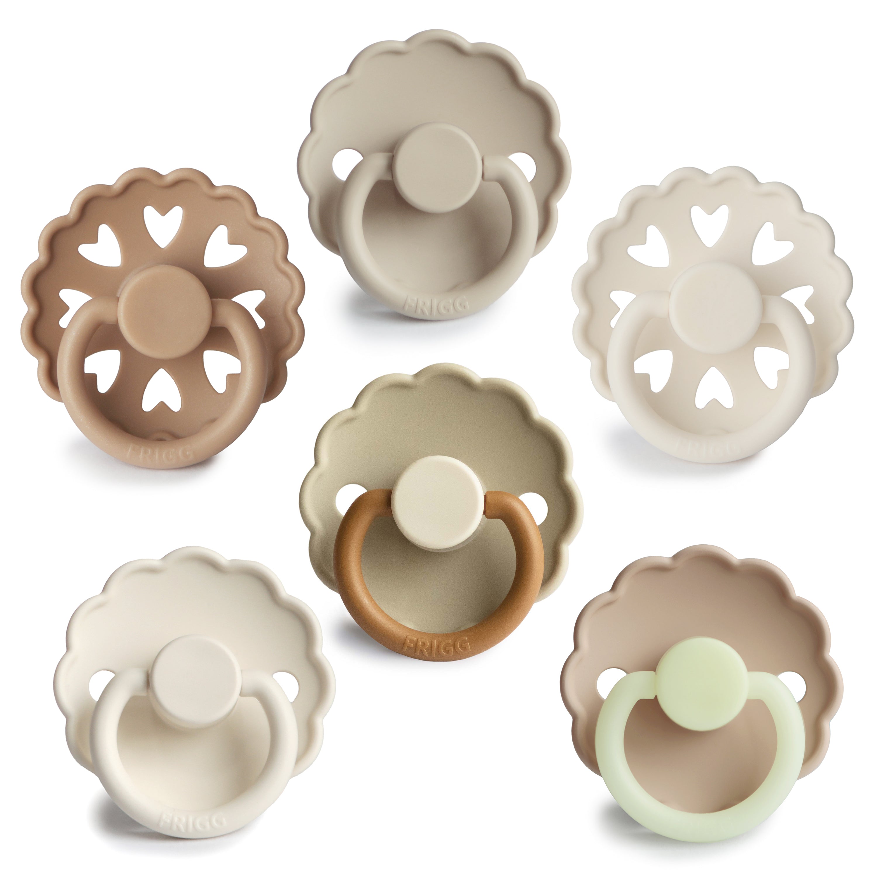 Frigg 6-pack pacifiers in silicone in Cinnamon charm on a white background