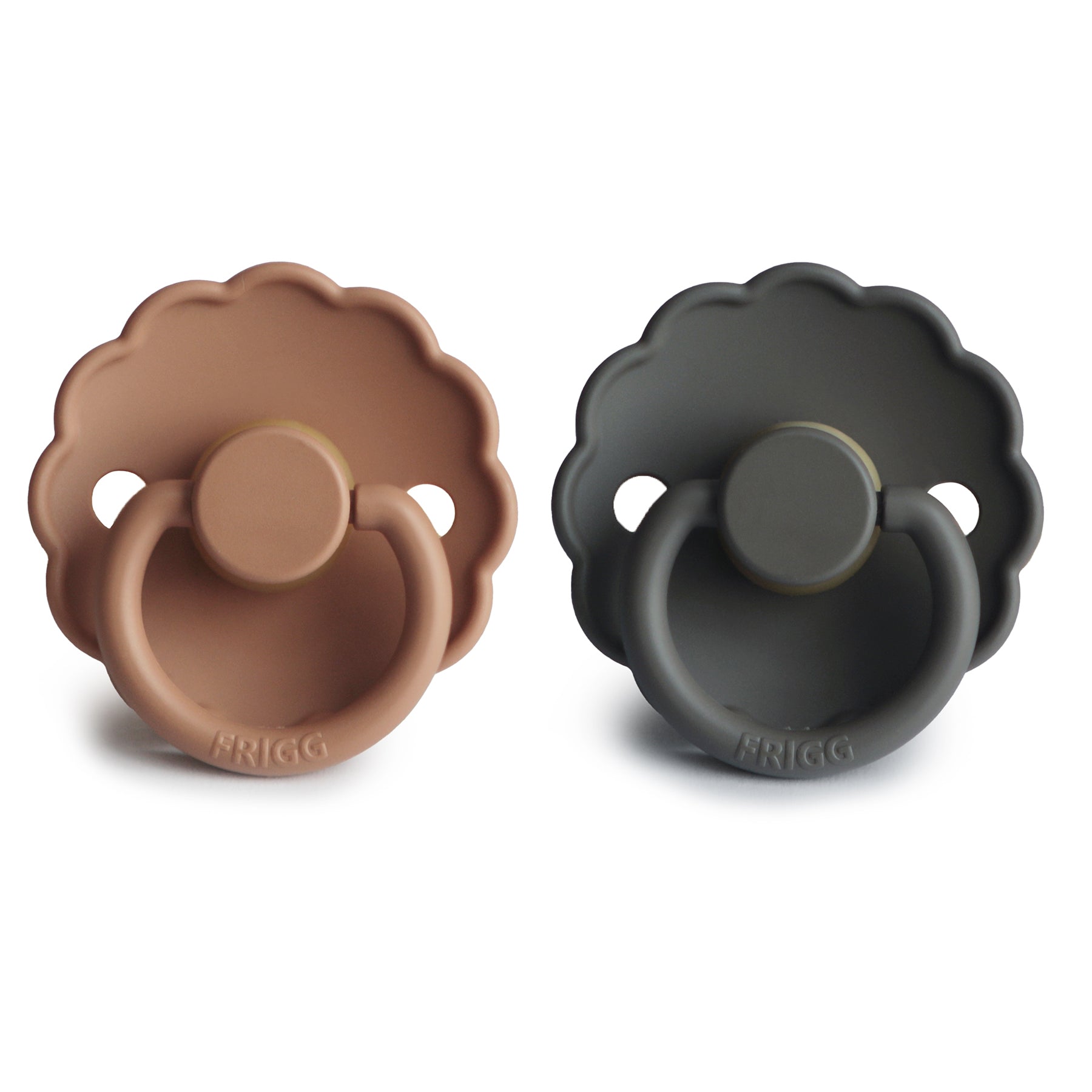 Frigg Daisy pacifier 2-pack in latex in Graphite peach bronze on a white background