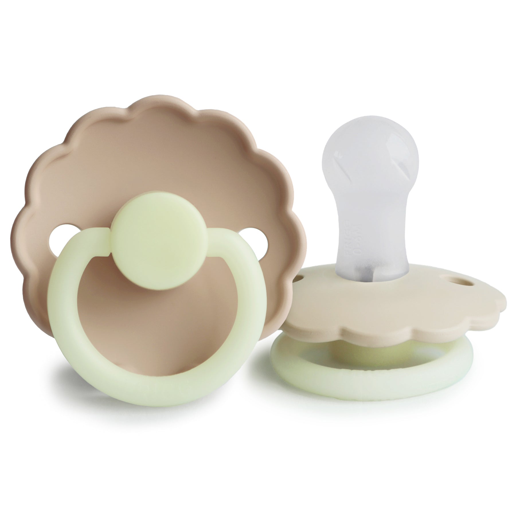 Frigg Daisy Night pacifier T1 2-pack in silicone in Cream croissant on a white background