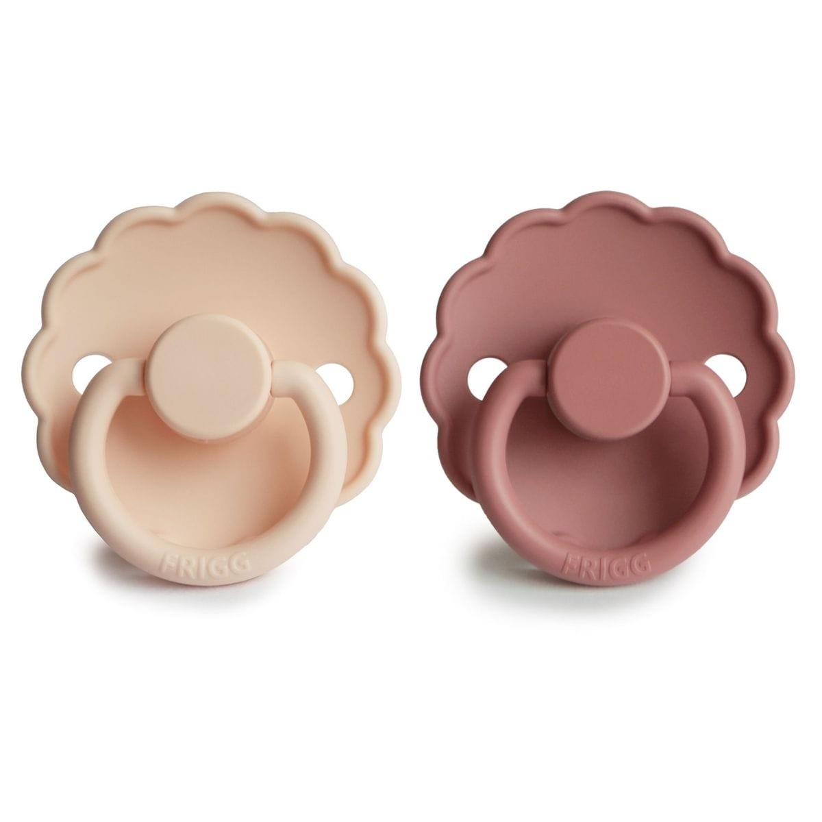 Frigg Daisy pacifier 2-pack in silicone in Powder blush pink cream on a white background