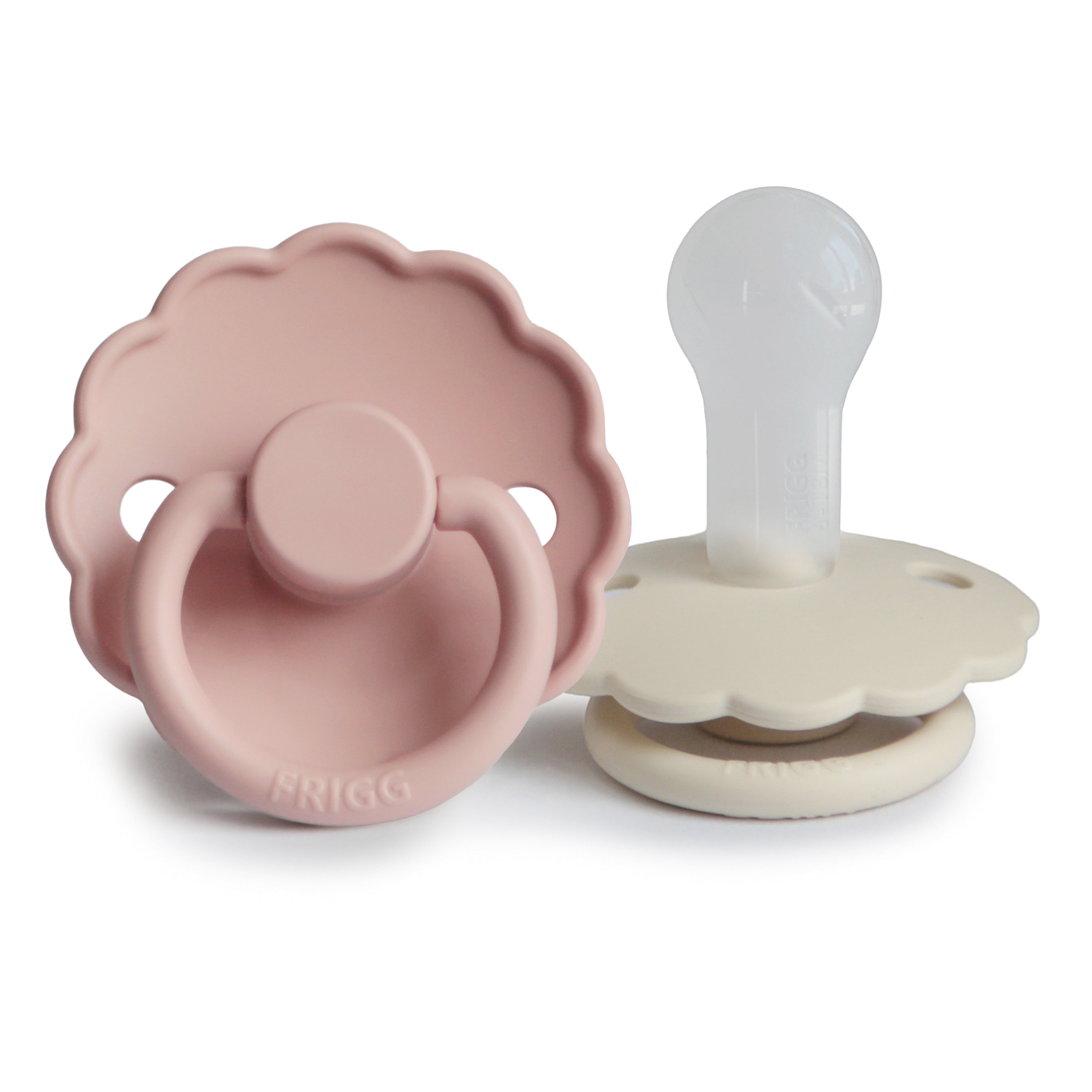 Frigg Daisy pacifier T2 2-pack in silicone in Powder blush pink cream on a white background
