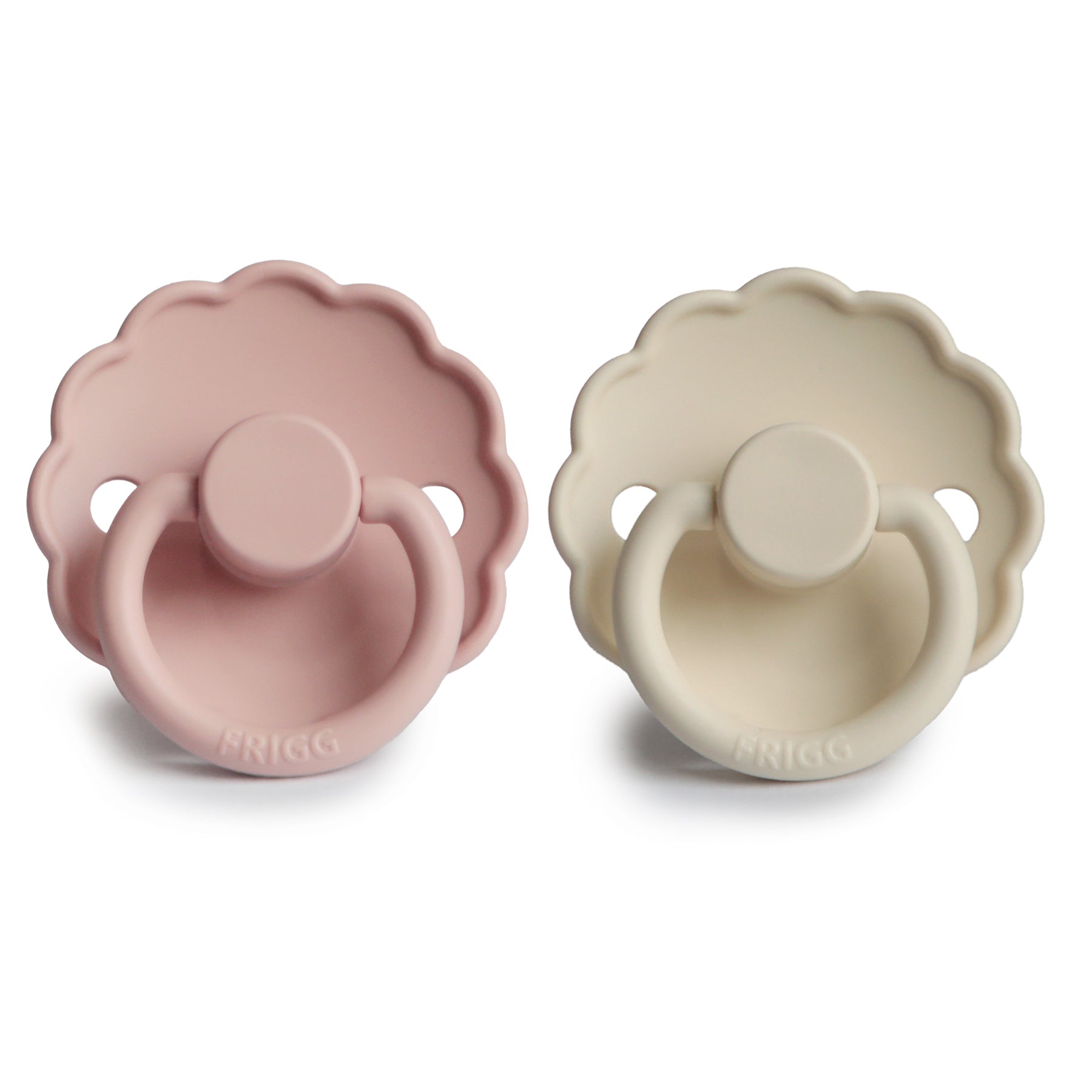 Frigg Daisy pacifier 2-pack in silicone in Powder blush pink cream on a white background