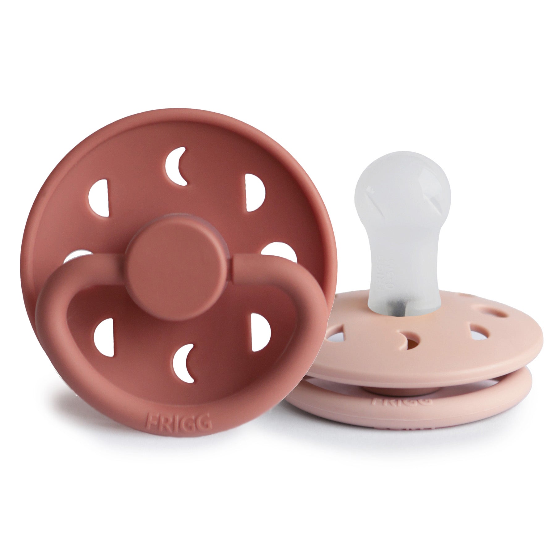 Frigg Moon pacifier T1 2-pack in silicone in Blush powder blush on a white background