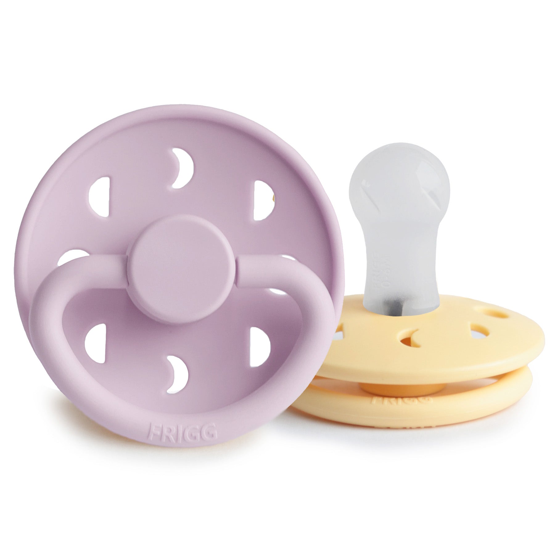 Frigg Moon pacifier T1 2-pack in silicone in Pale daffodil soft lilac on a white background