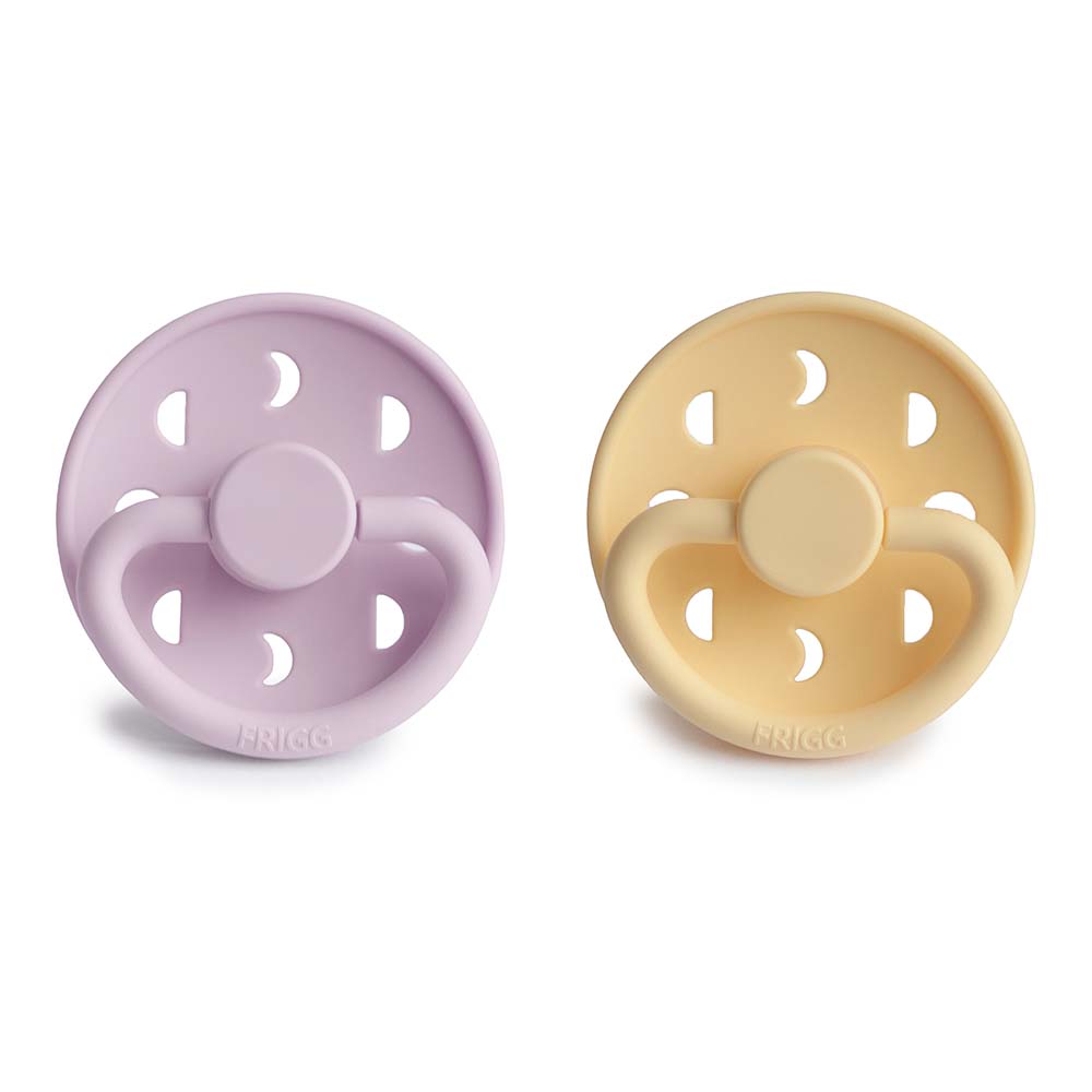 Frigg Moon pacifier 2-pack in silicone in Pale daffodil soft lilac on a white background
