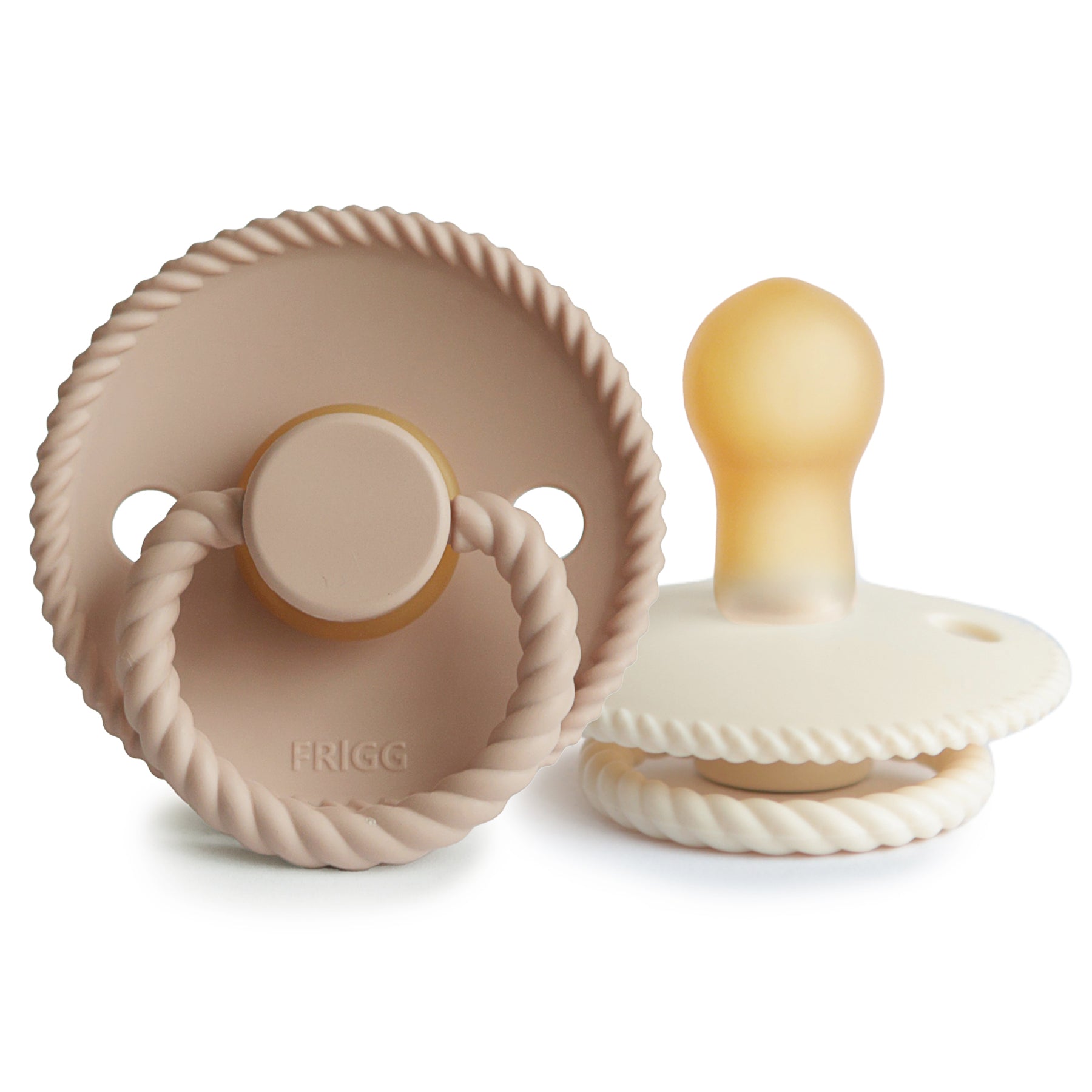 Frigg Rope pacifier T1 2-pack in latex in Cream croissant on a white background
