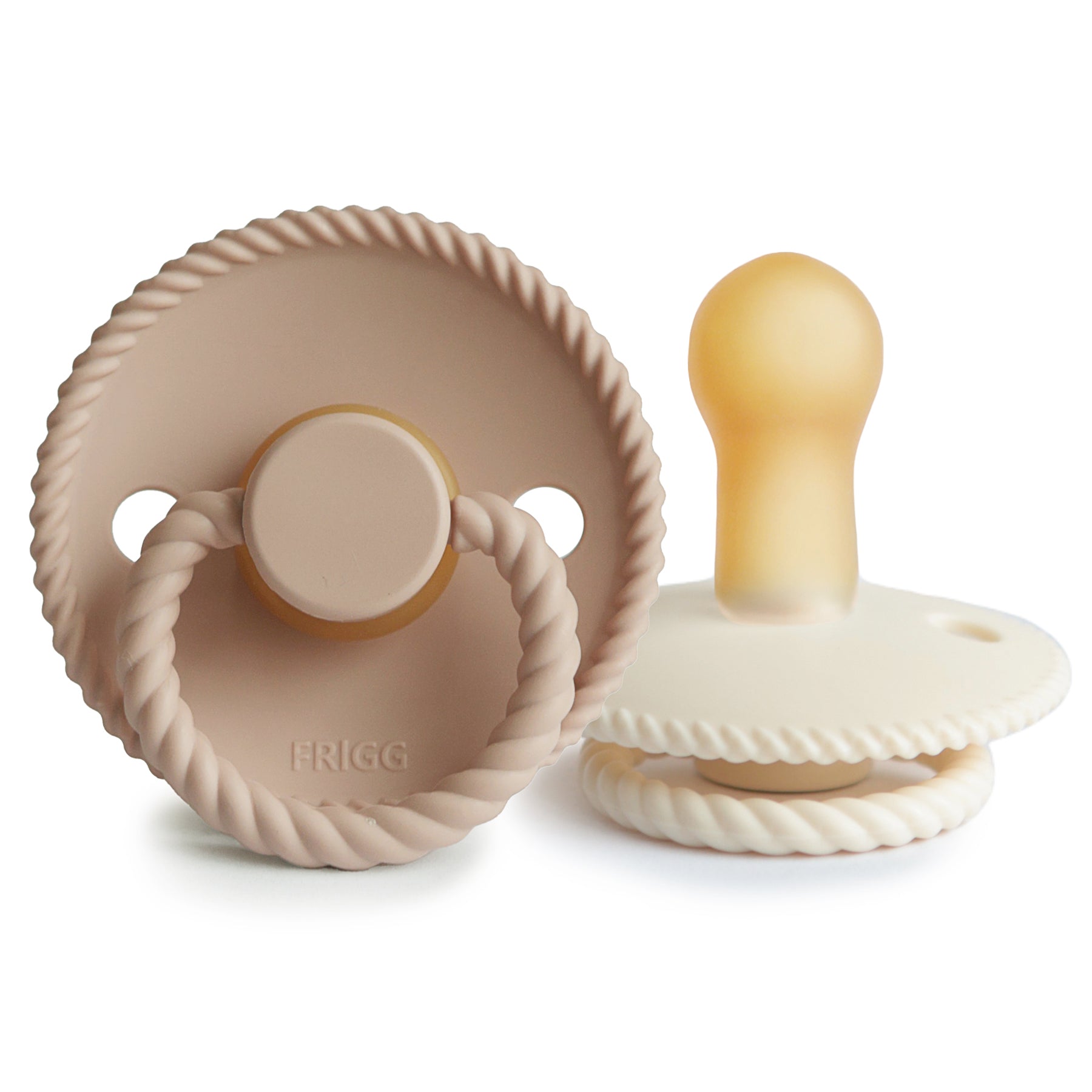Frigg Rope pacifier T2 2-pack in latex in Cream croissant on a white background