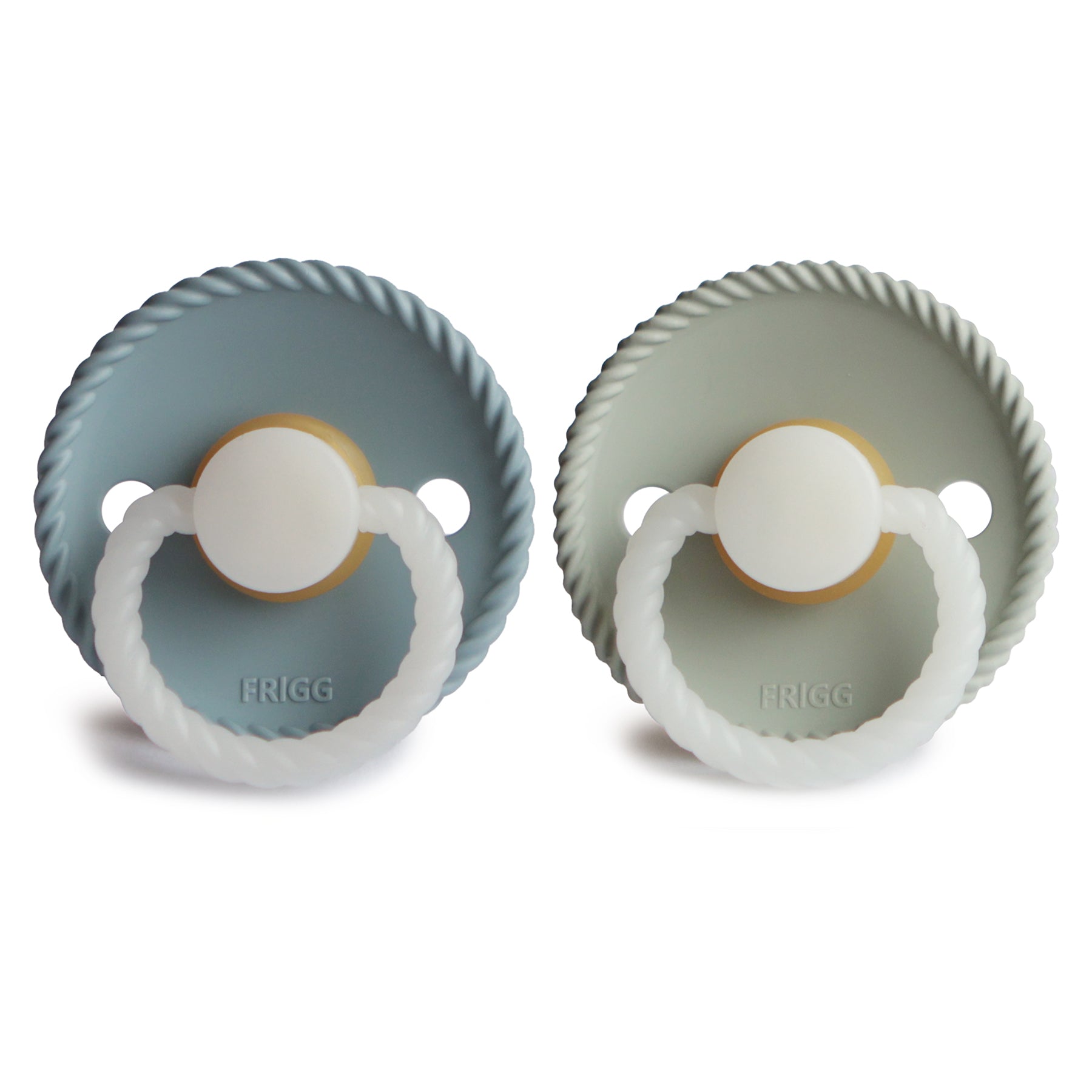 Frigg Rope Night pacifier 2-pack in latex in Stone blue sage on a white background