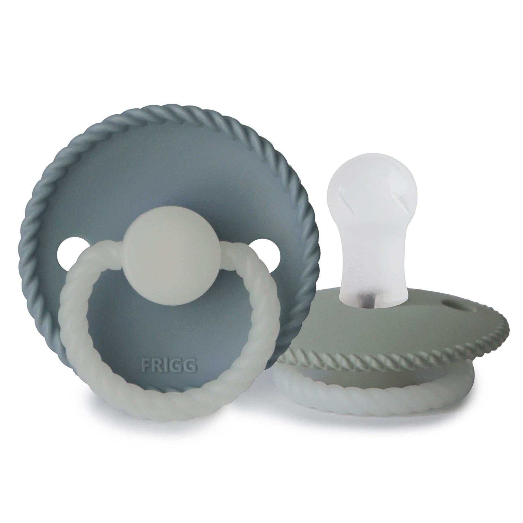 Frigg Rope Night pacifier T1 2-pack in silicone in Stone blue sage on a white background