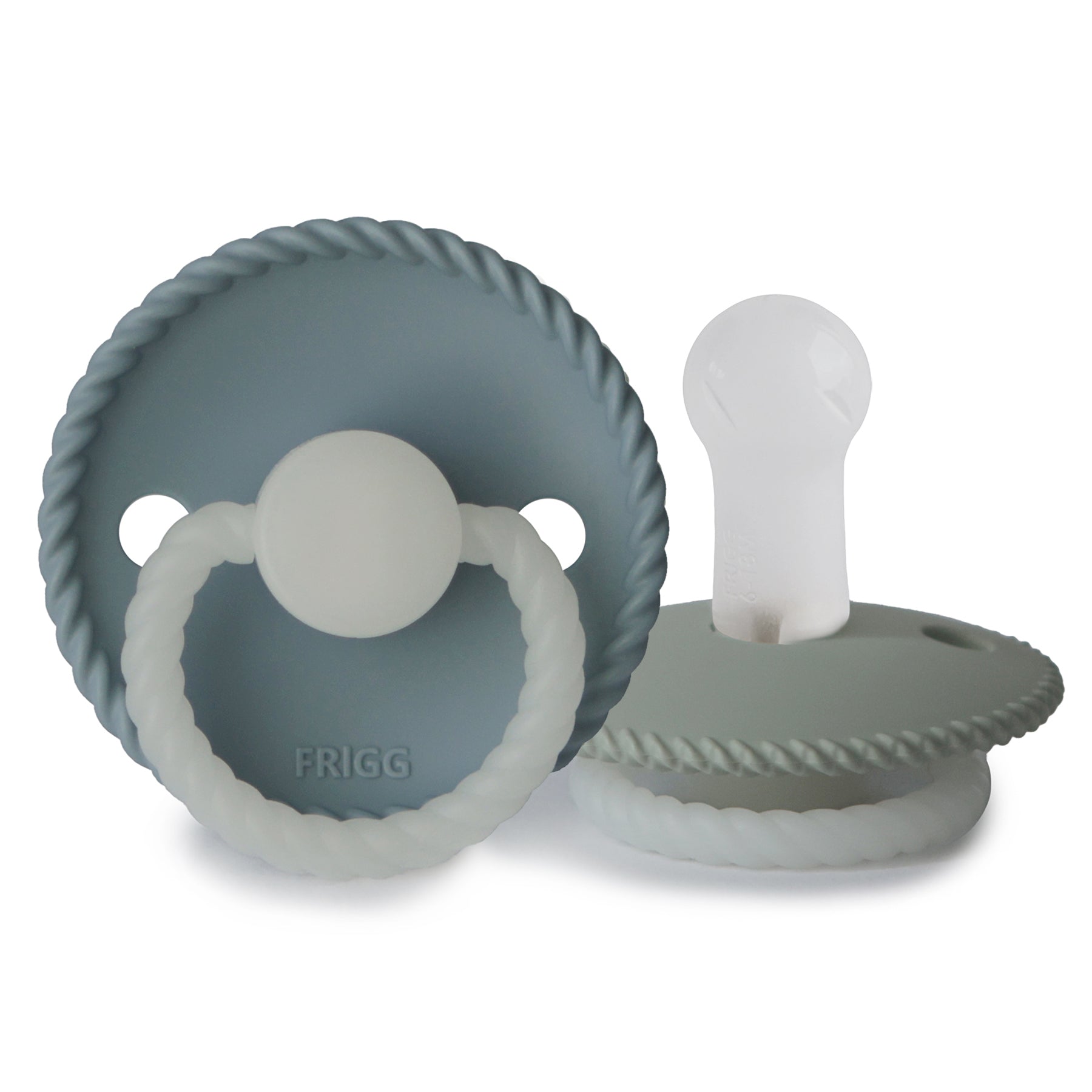 Frigg Rope Night pacifier T2 2-pack in silicone in Stone blue sage on a white background
