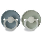 Frigg Rope Night pacifier 2-pack in silicone in Stone blue sage on a white background