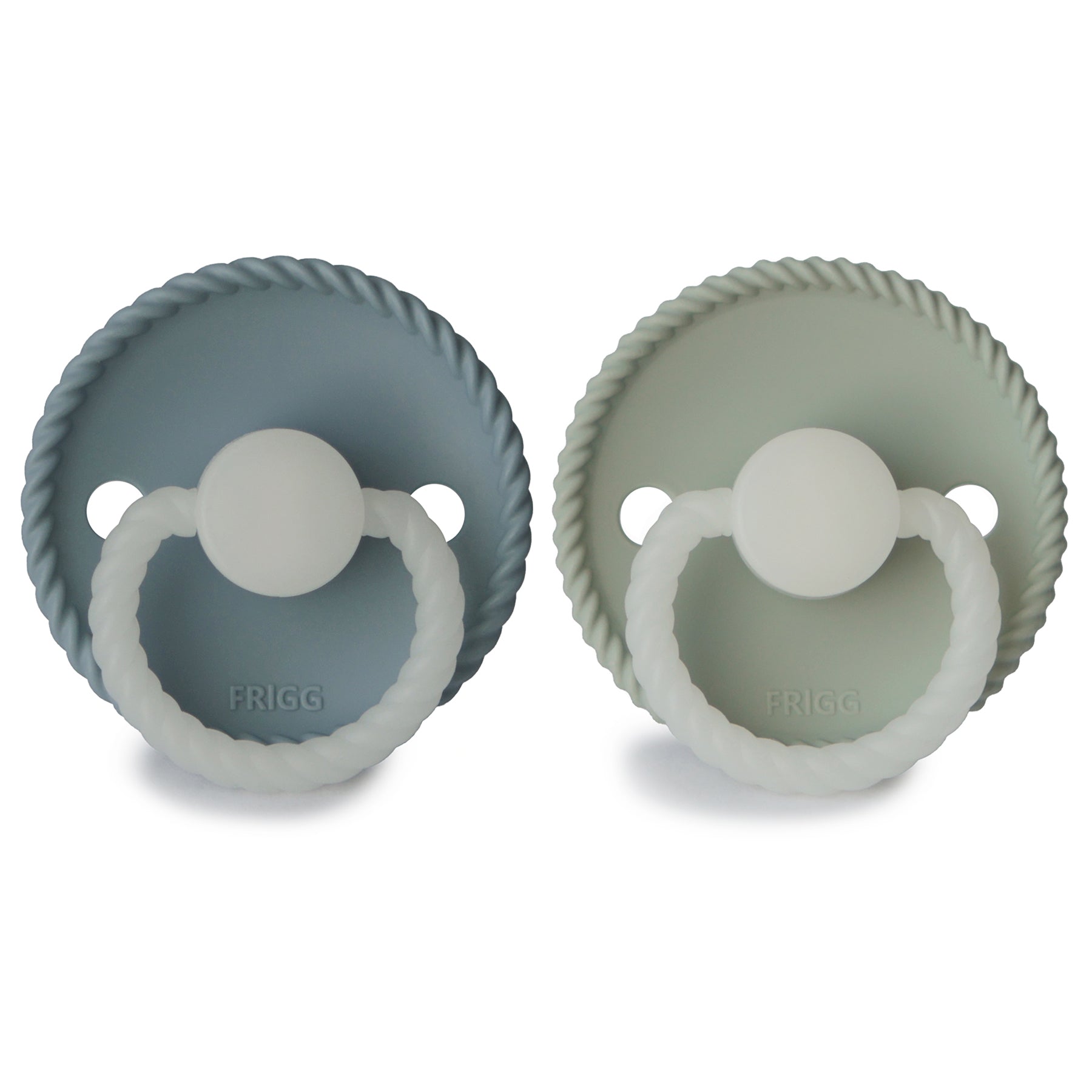 Frigg Rope Night pacifier 2-pack in silicone in Stone blue sage on a white background