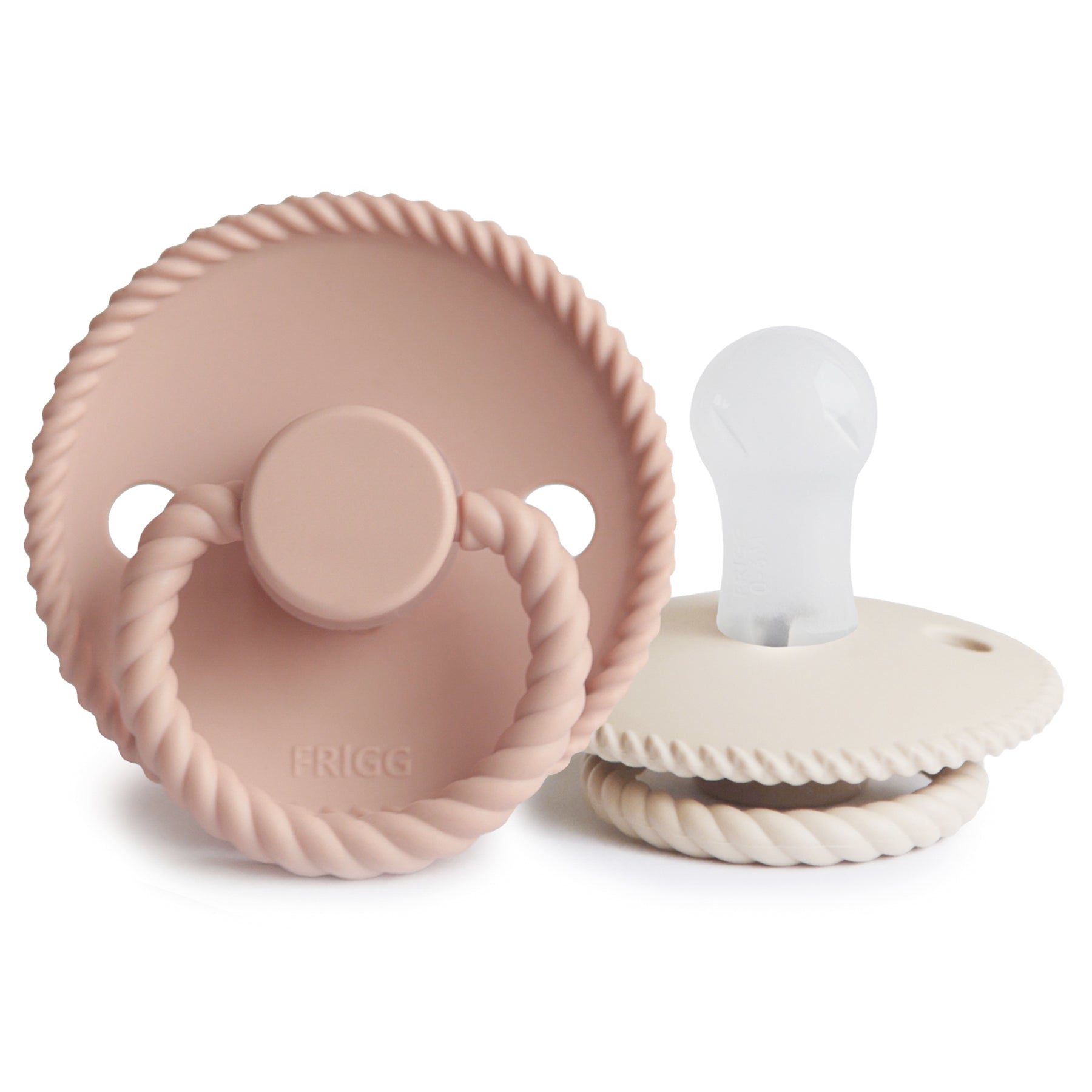 Frigg Rope pacifier T1 2-pack in silicone in Blush croissant on a white background