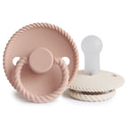 Frigg Rope pacifier T2 2-pack in silicone in Blush croissant on a white background