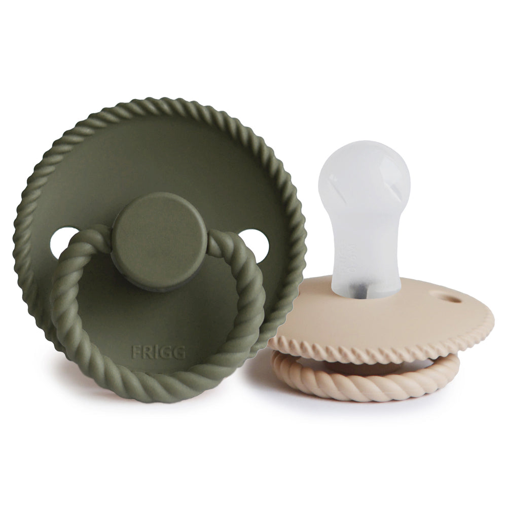 Frigg Rope pacifier 2-pack in silicone in Croissant olive on a white background