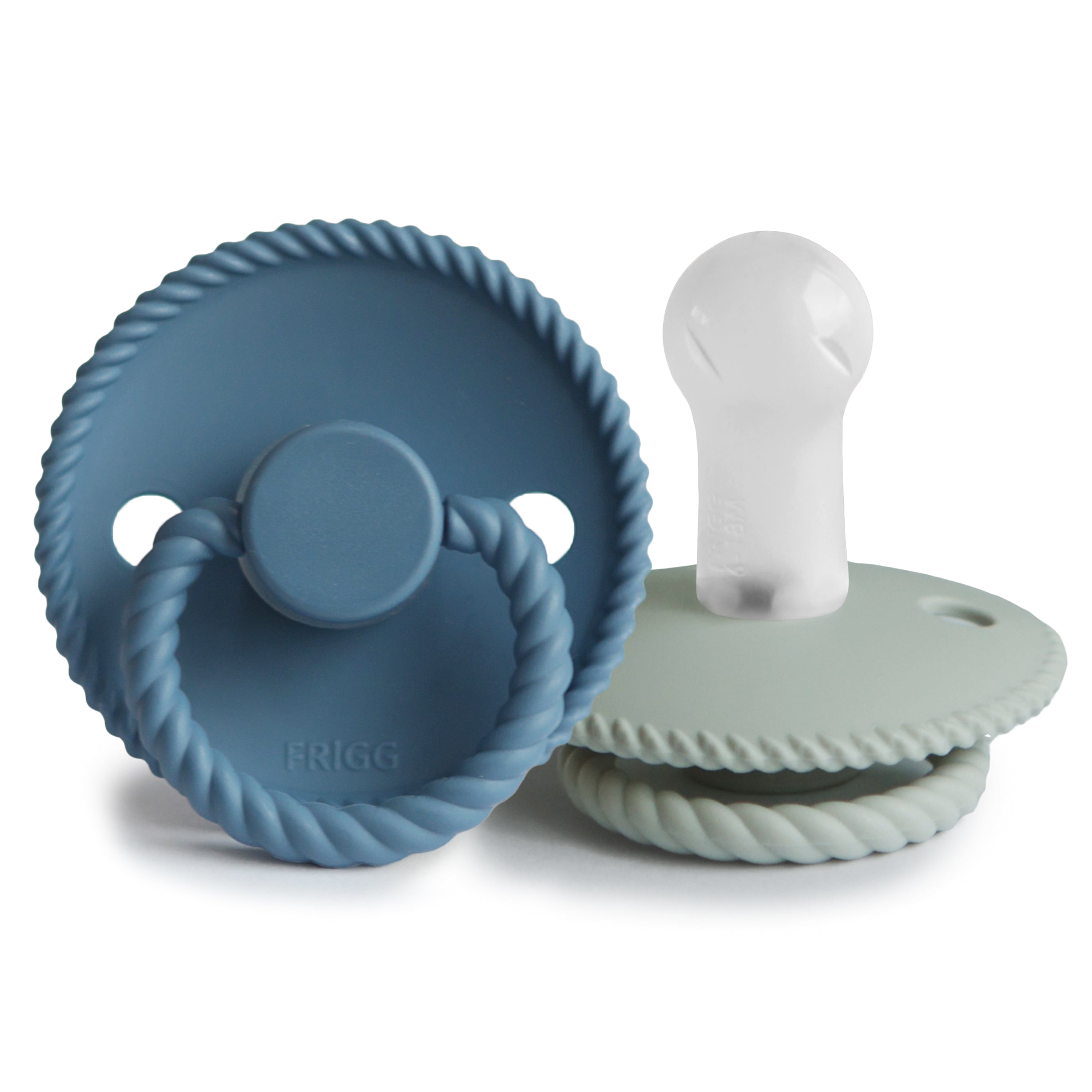 Frigg Rope pacifier T2 2-pack in silicone in Ocean view Sage on a white background