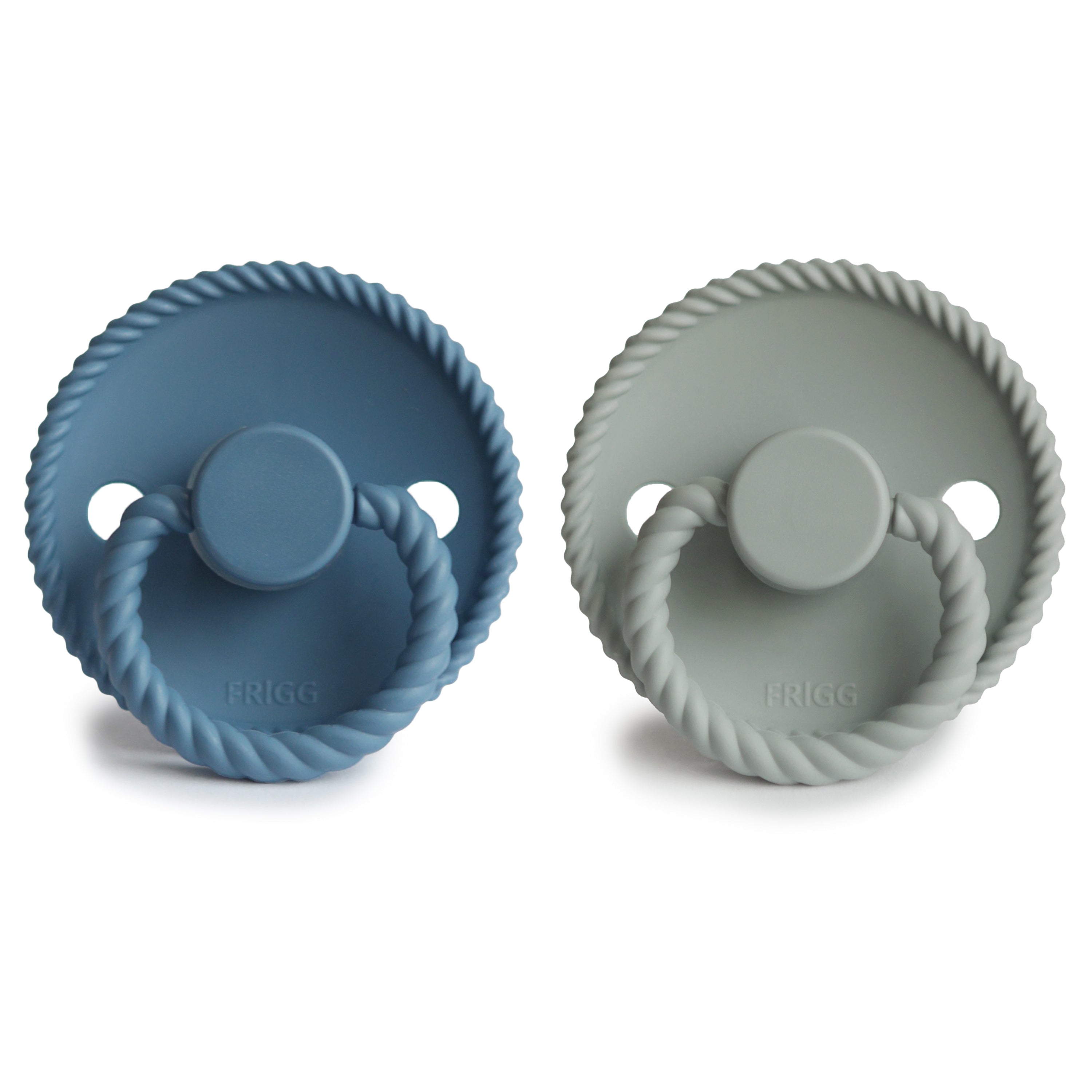 Frigg Rope pacifier 2-pack in silicone in Ocean view Sage on a white background