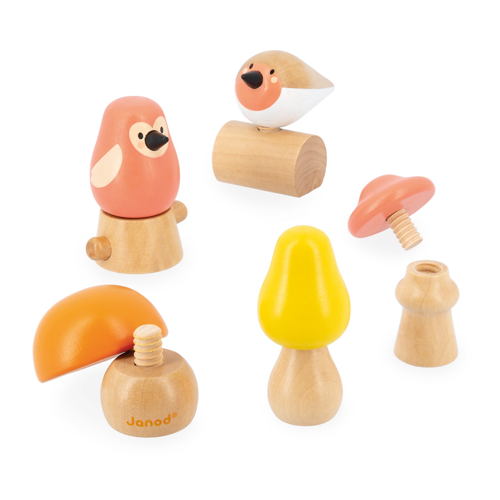 Janod WWF wooden screw toys birds and mushroomsa on a white background