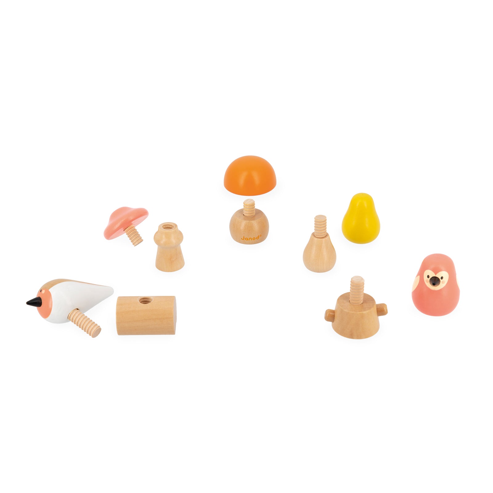 Janod WWF wooden screw toys birds and mushroomsa on a white background