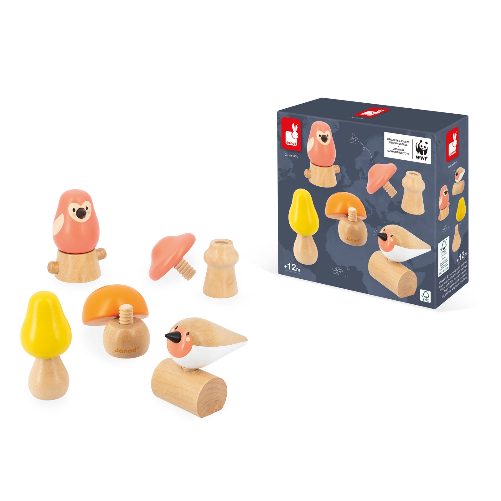 Janod WWF wooden screw toys birds and mushrooms styled, front view with original packaging