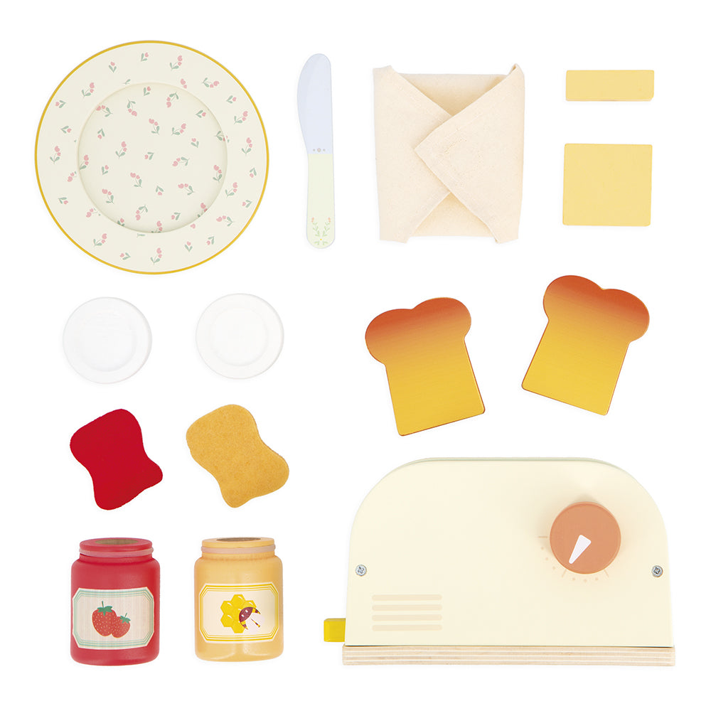 Janod's wooden bread toaster toy for role play on a white background