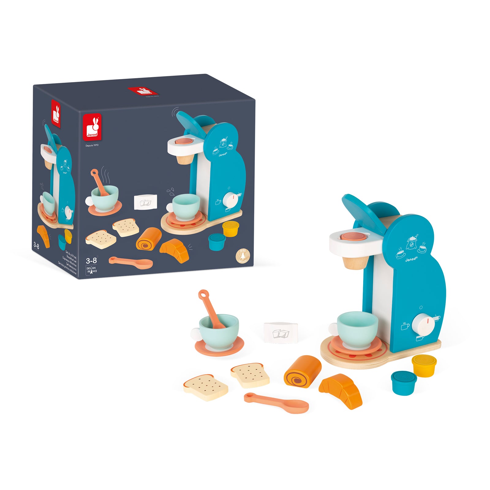 Janod's wooden breakfast play set, front view with original packaging