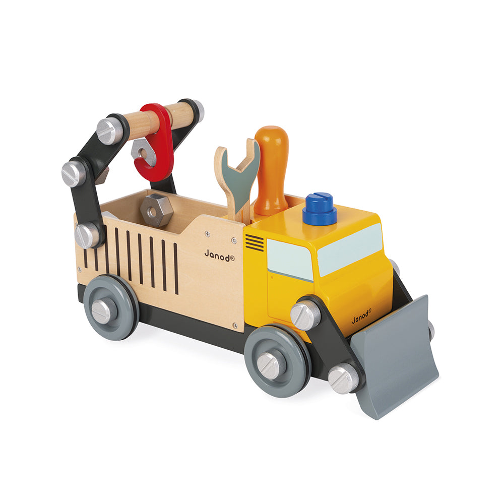 Brico Kids wooden builders truck by Janod for imaginative construction play on a white background