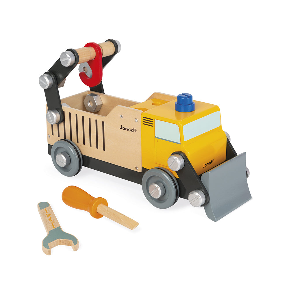 Brico Kids wooden builders truck by Janod for imaginative construction play on a white background