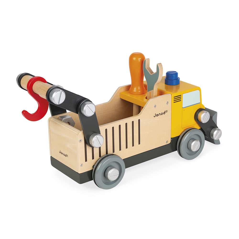 Brico Kids wooden builders truck by Janod for imaginative construction play on a white background