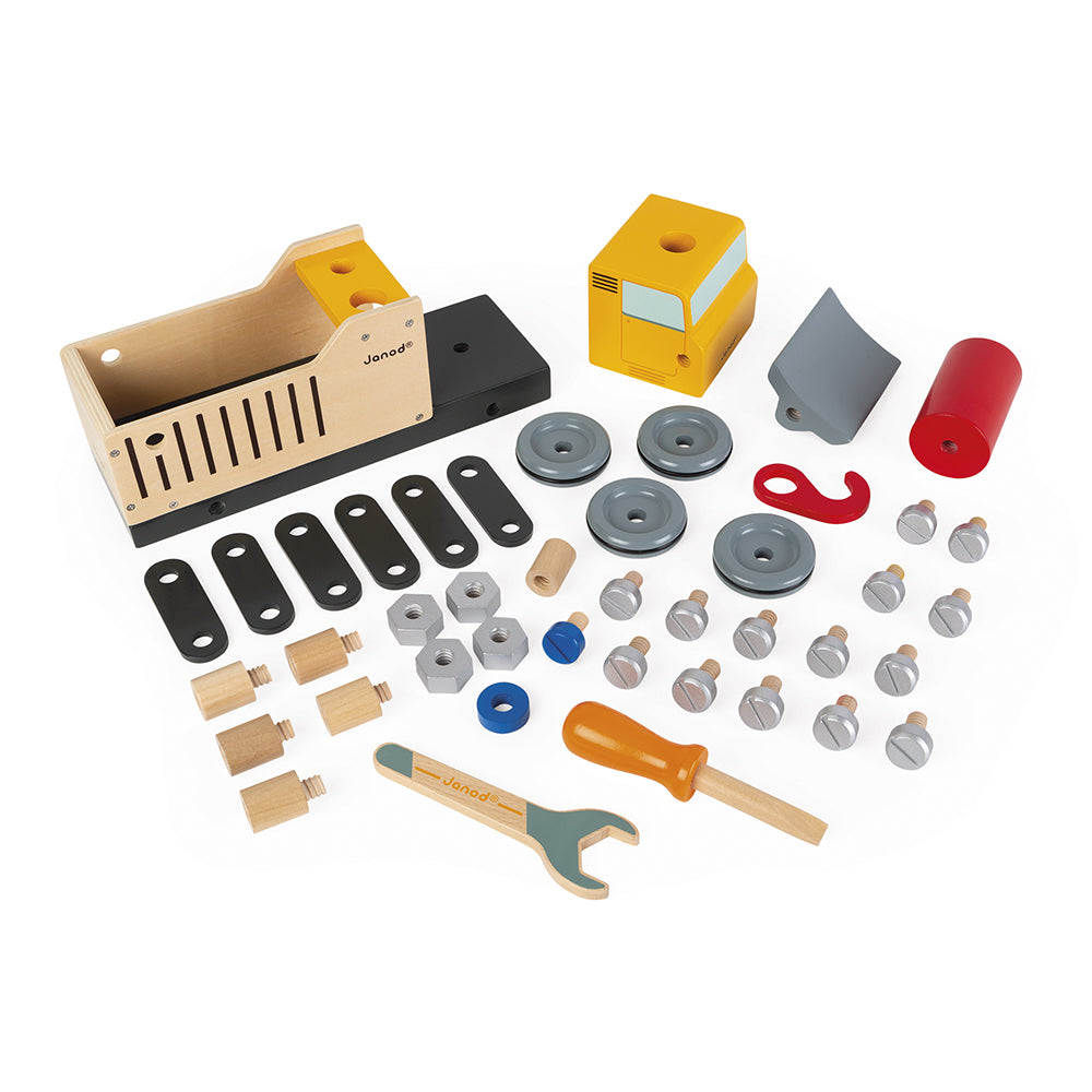 Tools and accessoires of the Janod Brico Kids wooden builders truck on a white background