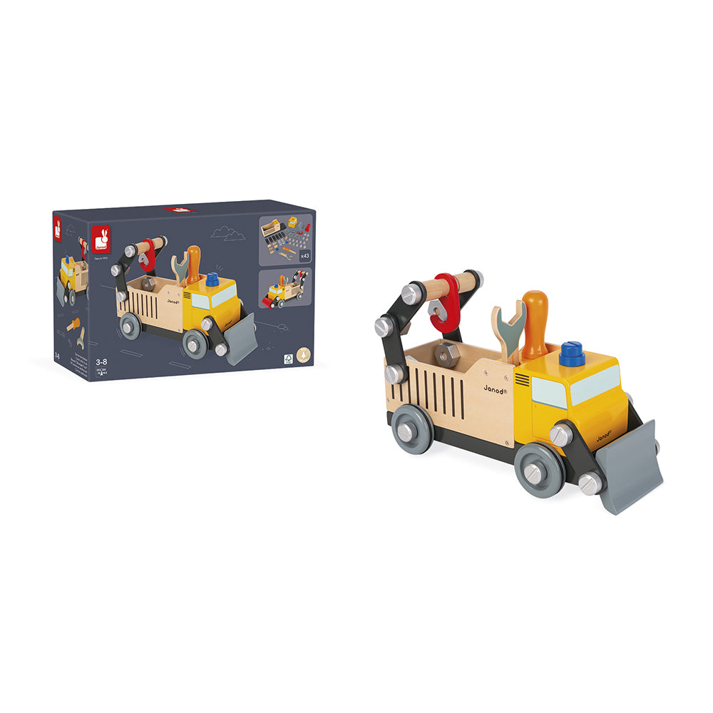 Brico Kids wooden builders truck by Janod, front view with original packaging
